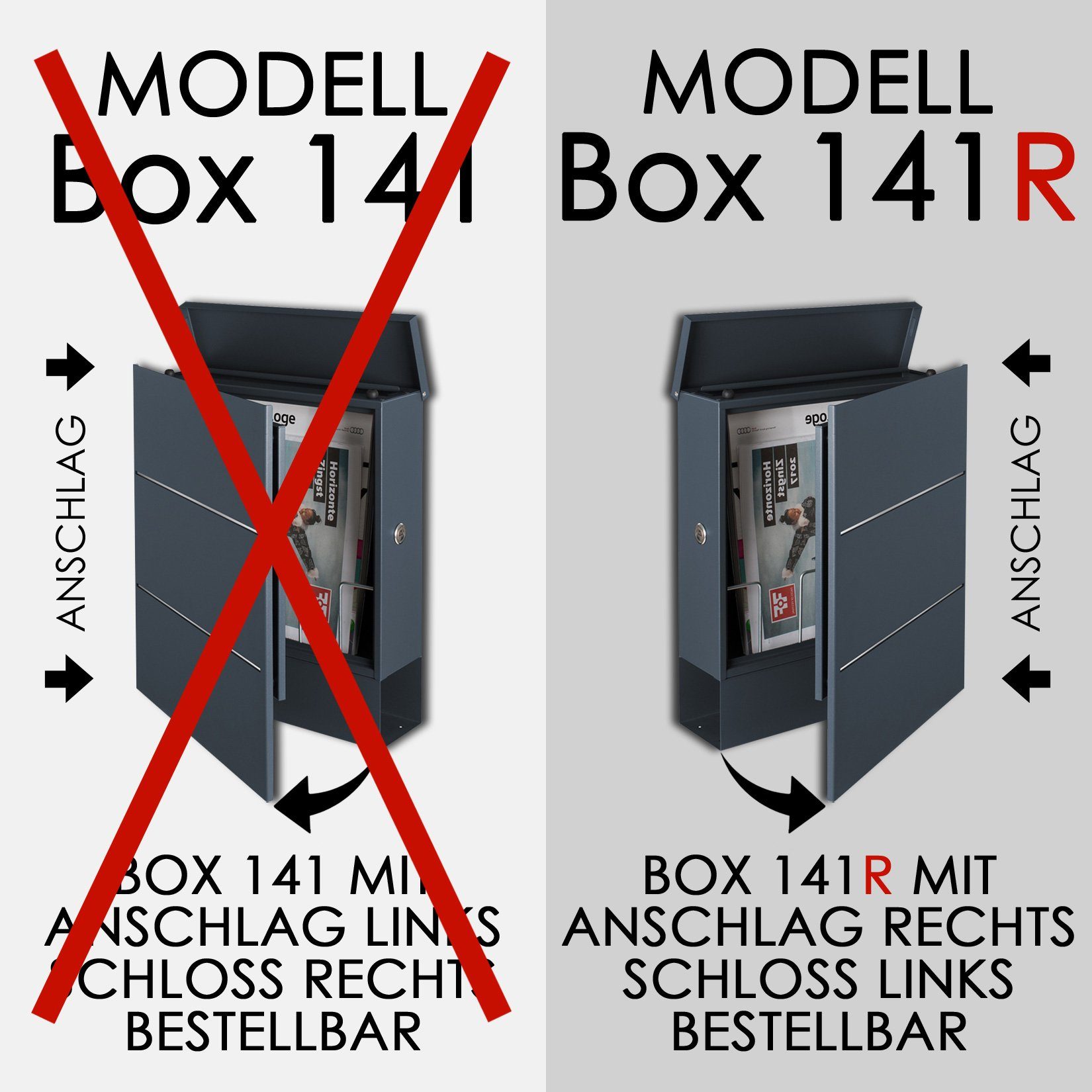 MOCAVI Briefkasten MOCAVI Box 141R Design-Briefkasten mit Zeitungsfach anthrazit-grau (RAL 7016) mit Edelstahl-Detail, integriert, passender Verschluss (zusätzlich bestellbar) für Wetterseite, beidseitig nutzbar: Box Vers 1 7016, Box Vers 1 VA