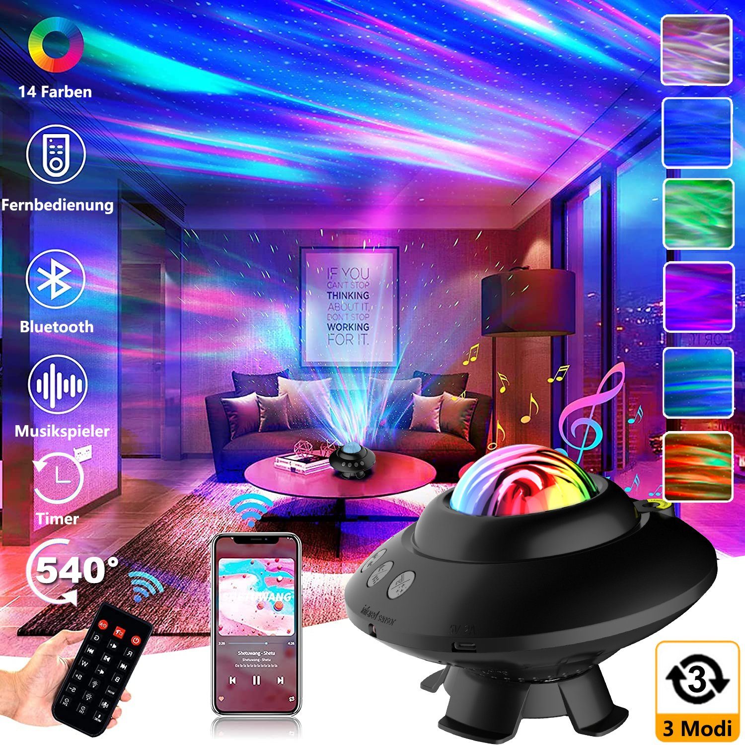 XIIW LED-Sternenhimmel LED Sternenhimmel Projektor Lampe Nachtlicht Galaxy mit Bluetooth, Musiklautsprecher Sternenlicht Wasserwellen Nachtlichter Timer, für Party Weihnachten Ostern Halloween Kinder Zimmer