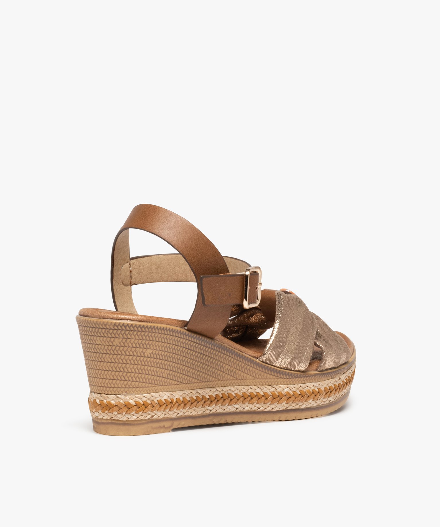 Sandales femme compensées dessus drapé en toile or | GEMO