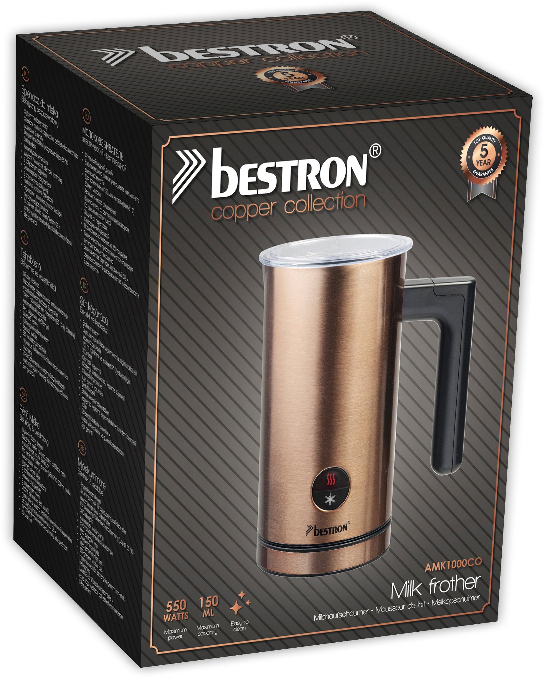 bestron Milchaufschäumer AMK1000CO, 550 W, 360°- Basis, 300ml, antihaftbeschichtet, Füllstandsmarkierung