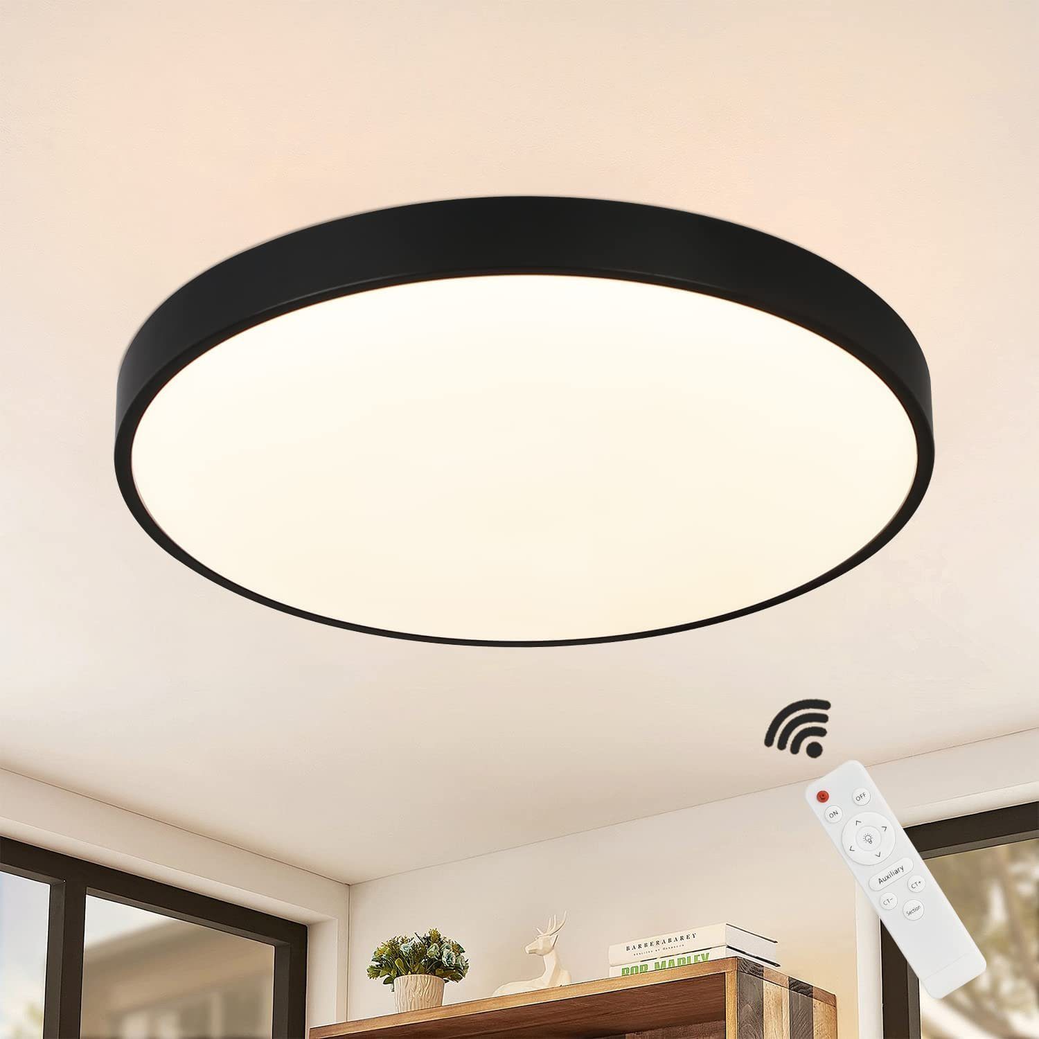 Nettlife LED Panel Schwarz 30W Deckenlampe IP44 Wasserdicht Flach Rund ‎28 x 28 x 2,5 cm, Dimmbar mit Fernbedienung, LED fest integriert, Warmweiß, Neutralweiß, Kaltweiß, für Badzimmer Wohnzimmer Küche Schlafzimmer Flur Büro