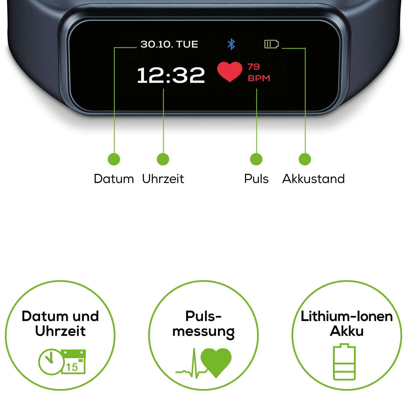 Beurer Aktivitätssensor AS 99 Pulse Bluetooth®-Tracking Fitnessuhr mit Nachrichtenfunktion, Pulsmessung & Kamera-Fernauslöser