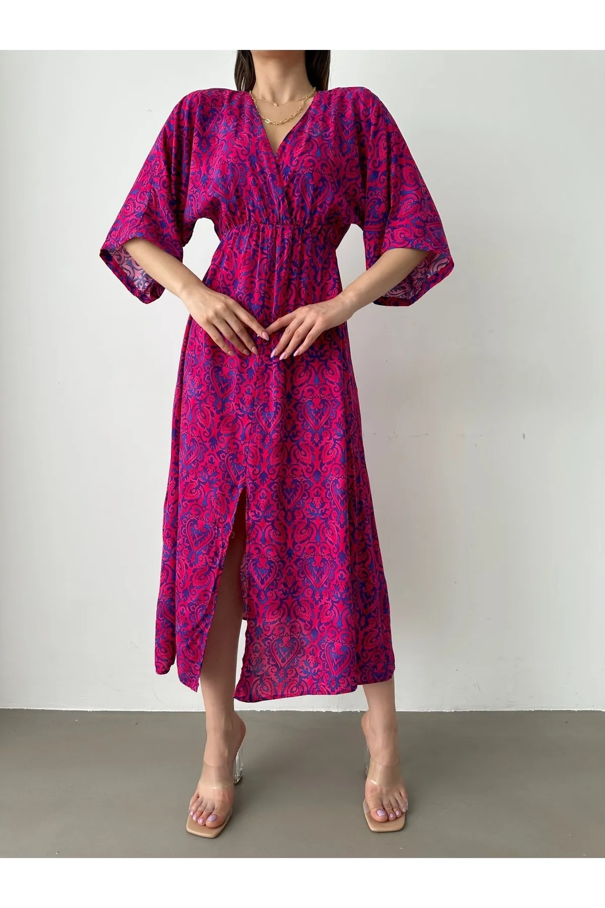 BEJNA  Fuchsiafarbenes, zweireihiges, langes Sommerkleid mit Kragen und Schlitz für Damen
