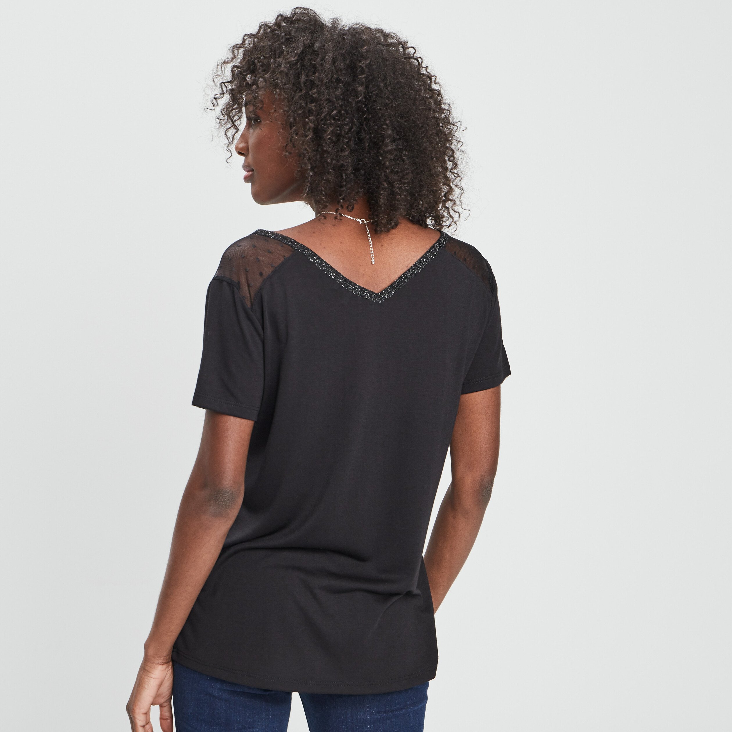 T-shirt manches courtes à col en V noir femme | La Halle