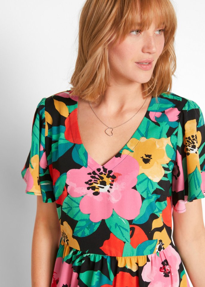 Bedrucktes Midi-Viskosekleid mit V-Ausschnitt