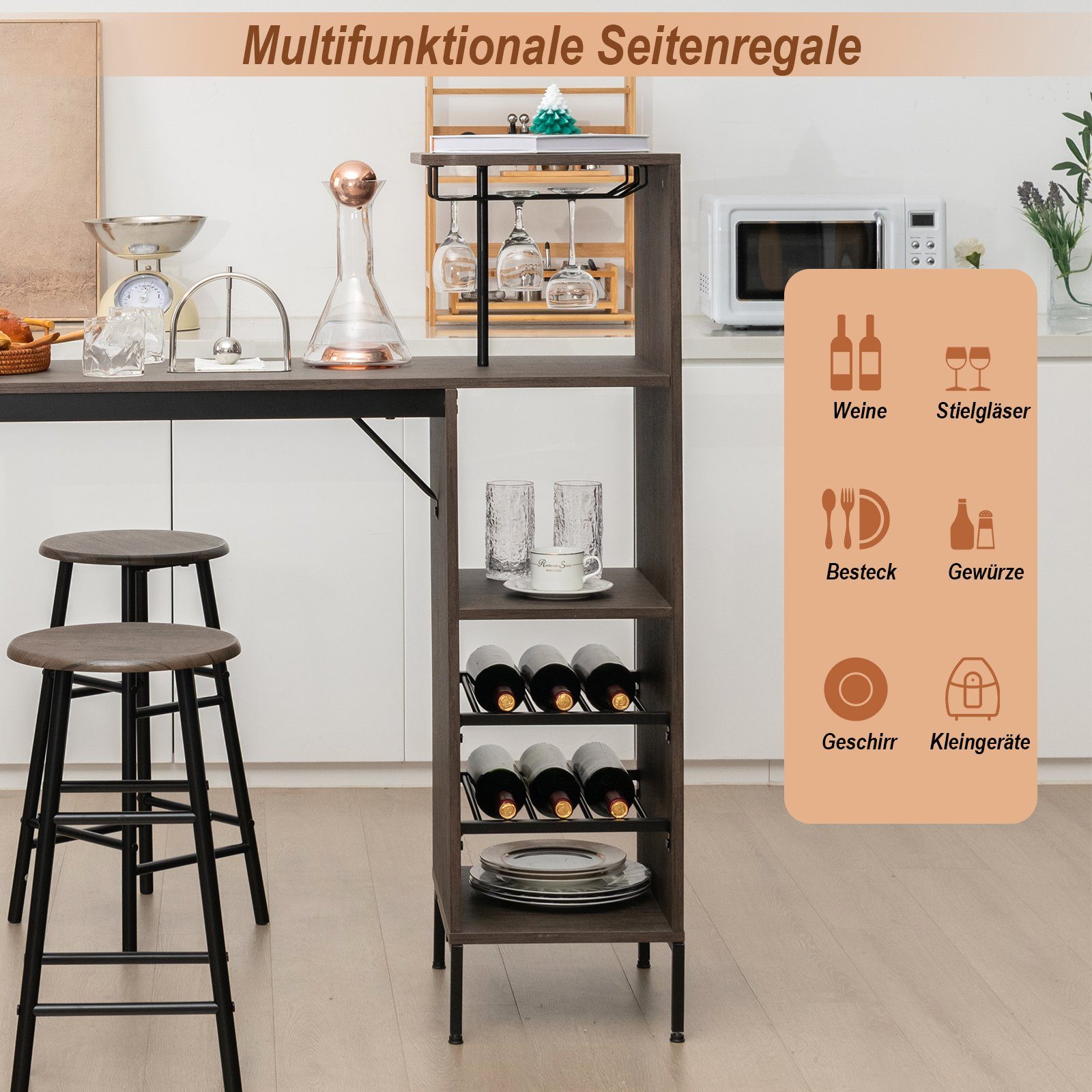 COSTWAY Bartisch (3 TLG. mit Hockern), mit Weinregal & Halterungen
