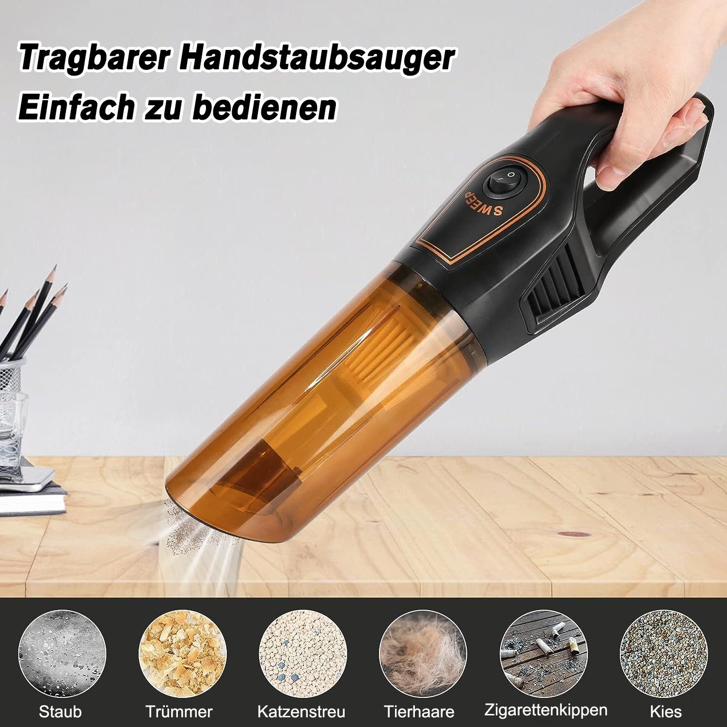 Kpaloft Akku-Handstaubsauger 6000Pa Kabelloser Autostaubsauger, Tragbarer Handsauger, 1500mAh Staubsauger, Nass & Trocken, für Tierhaare, Auto, Haus