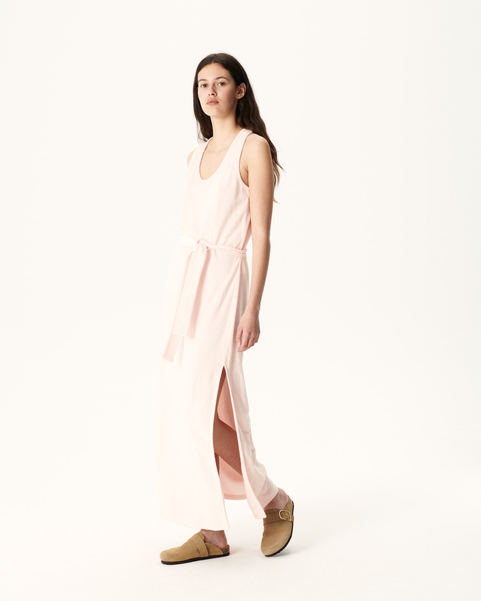 Robe longue ceinturée éponge Rose clair Ibiza