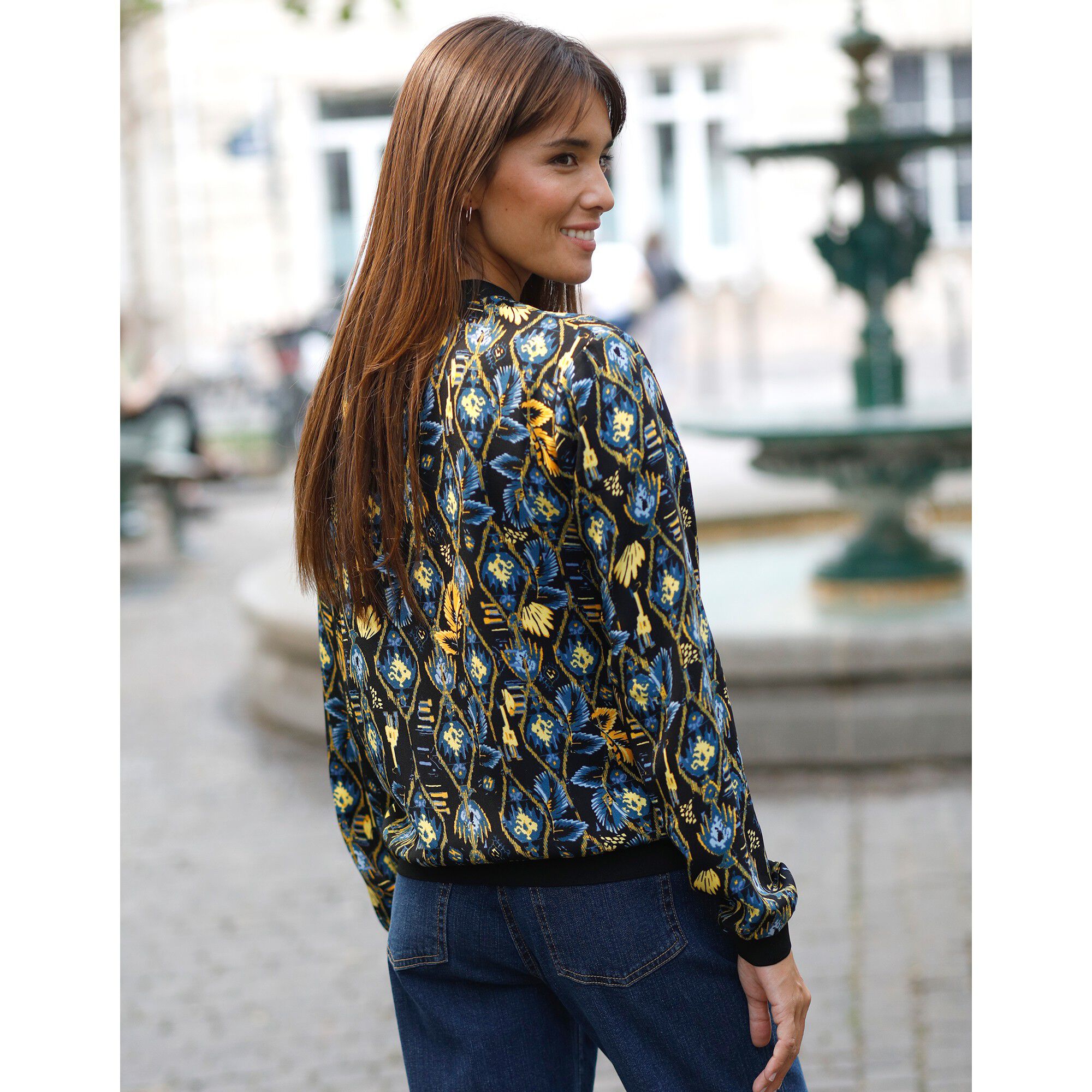 Veste bombers zippée imprimée, crêpe