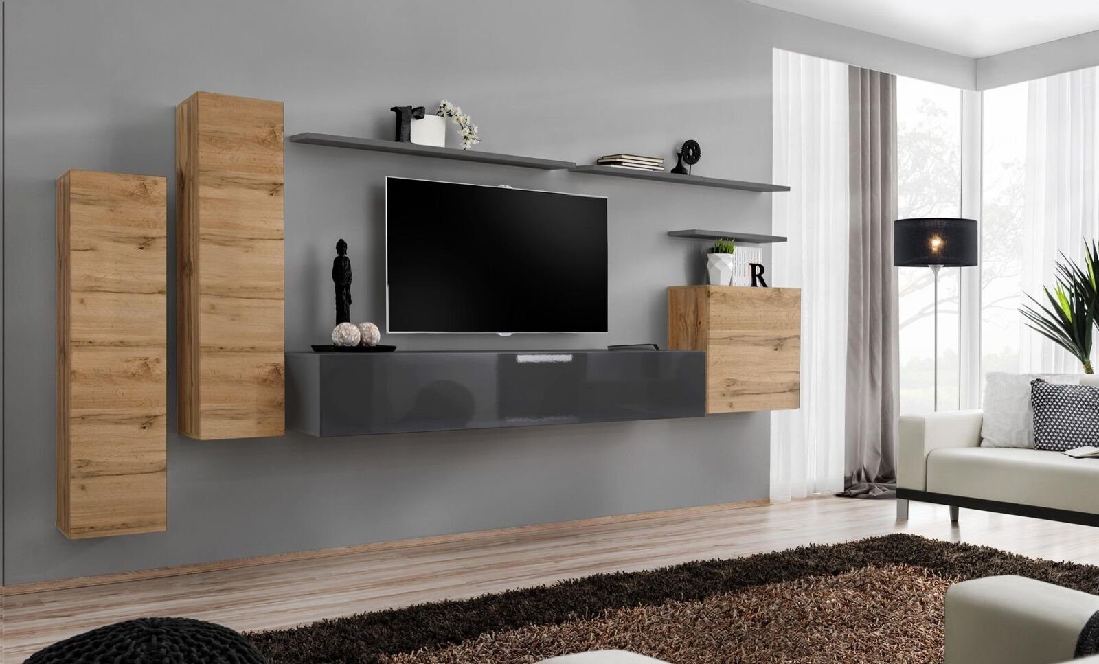 JVmoebel Wohnzimmer-Set Designer Wohnzimmer Komplett Wohnwand Regale Luxus Wandschrank, (8-St., 1x Wohnwand + 1x TV Ständer + 3x Wandschrank + 3x Wandregal), Made in Europa