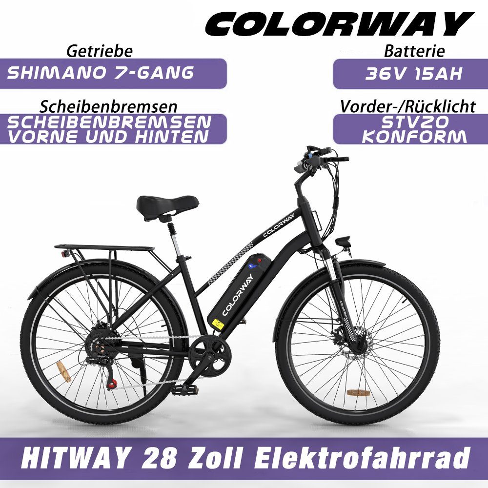 RCB E-Bike COLORWAY 28 ZOLL, 7 Gang, 250W Heckmotor, MTB abnehmbarer Akku, Doppelscheibenbremse, Shimano 7Gang StVZO
