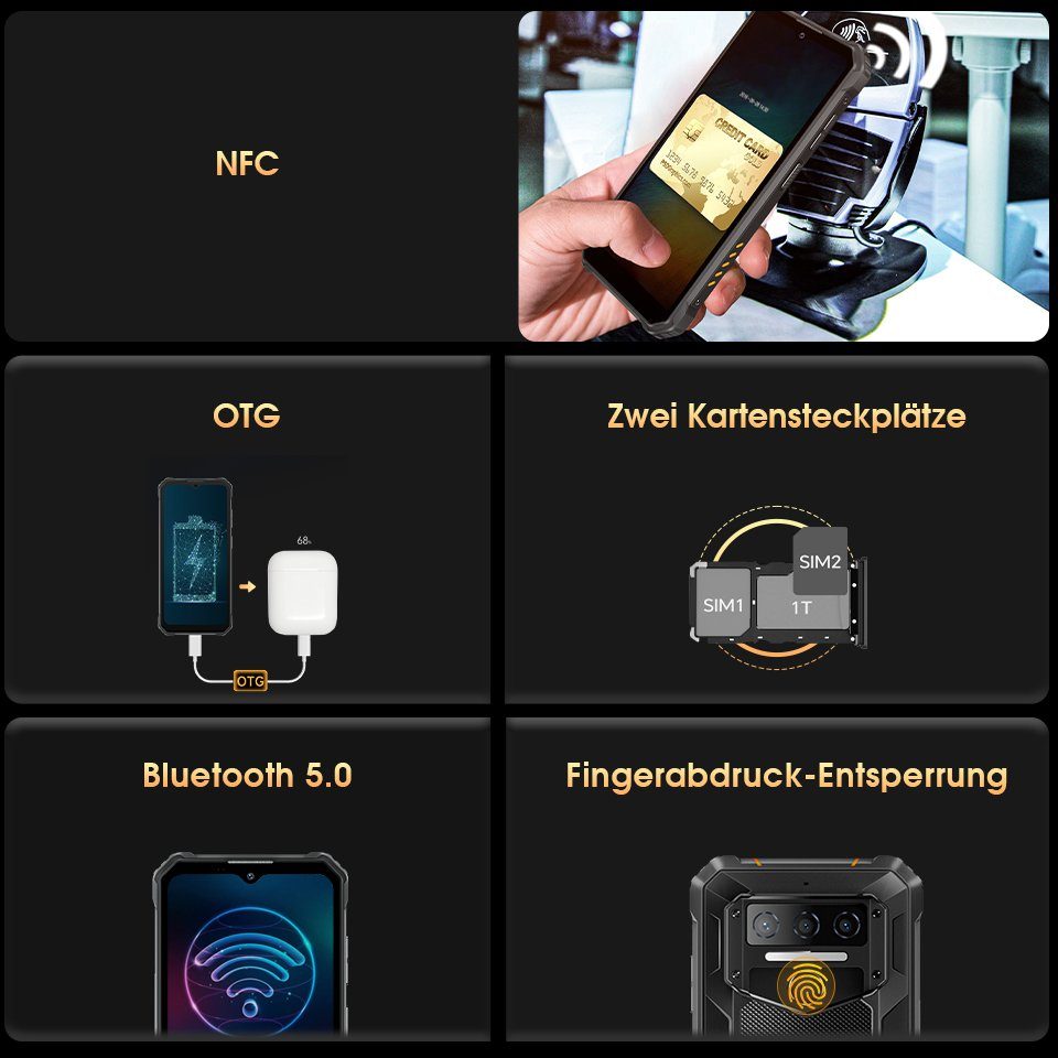 OUKITEL WP23, 4G-[Außentelefon], 7GB RAM+64GB ROM, 10600 mAh Akku, Dual-SIM Smartphone (6.52 Zoll, 7 GB Speicherplatz, 13 MP Kamera, Android 13, IP68 & IP69K, NFC, OTG, Face ID, Ohne Vertrag)