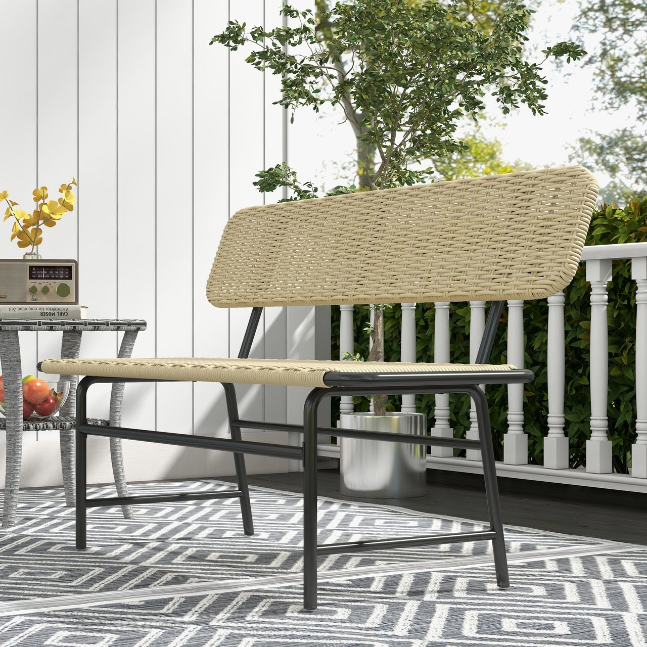 Outsunny Polyrattan Sitzbank 2-Sitzer Gartenbank Rattanbank für Balkon, Khaki