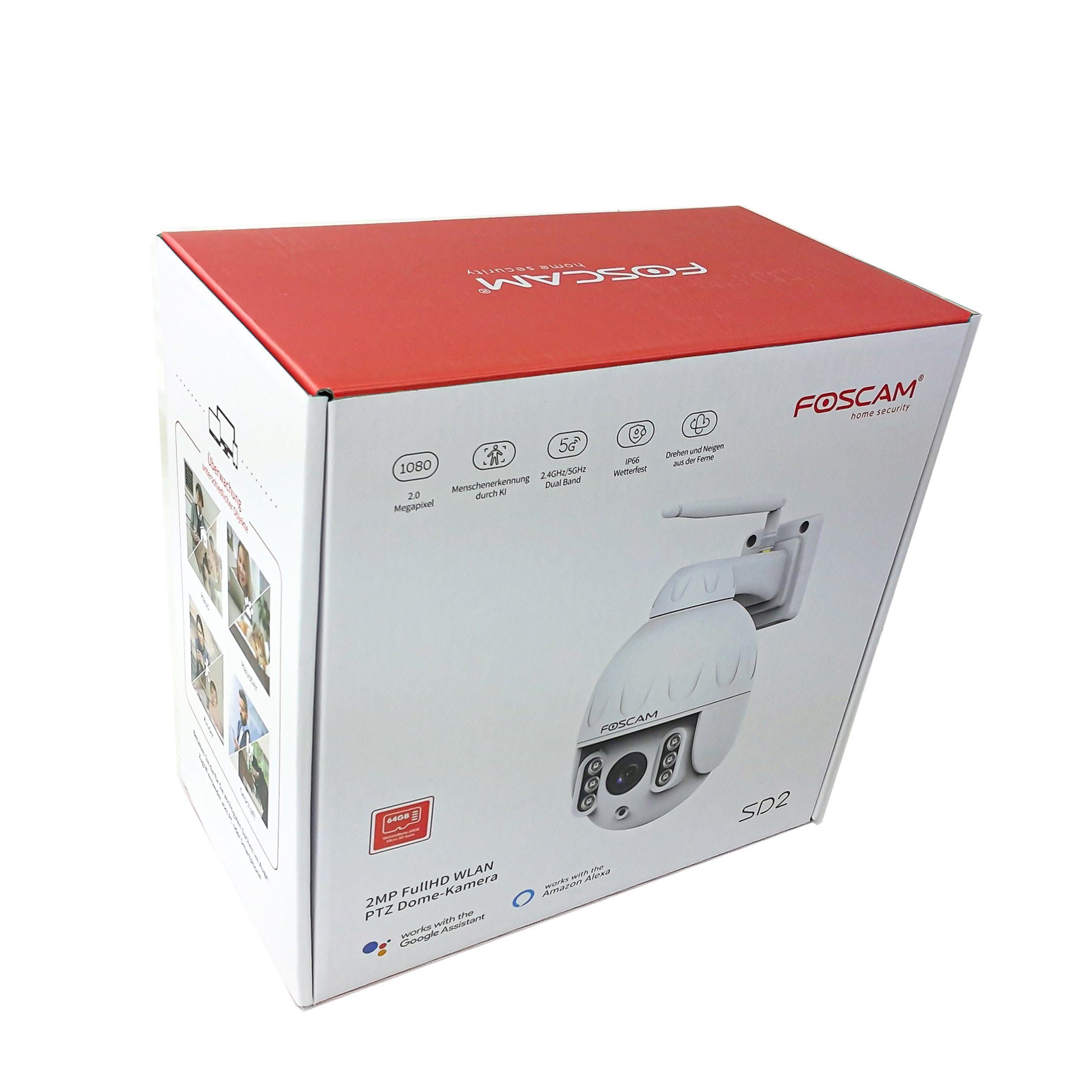 Foscam SD2 2 MP 1080P Dual-Band WLAN PTZ Dome Überwachungskamera (Außenbereich, Innenbereich, 4-fach optischer Zoom, Nachtsicht bis zu 50 Meter, Inkl. 64 GB Mikro-SD Karte, IP66 Wasserfest)