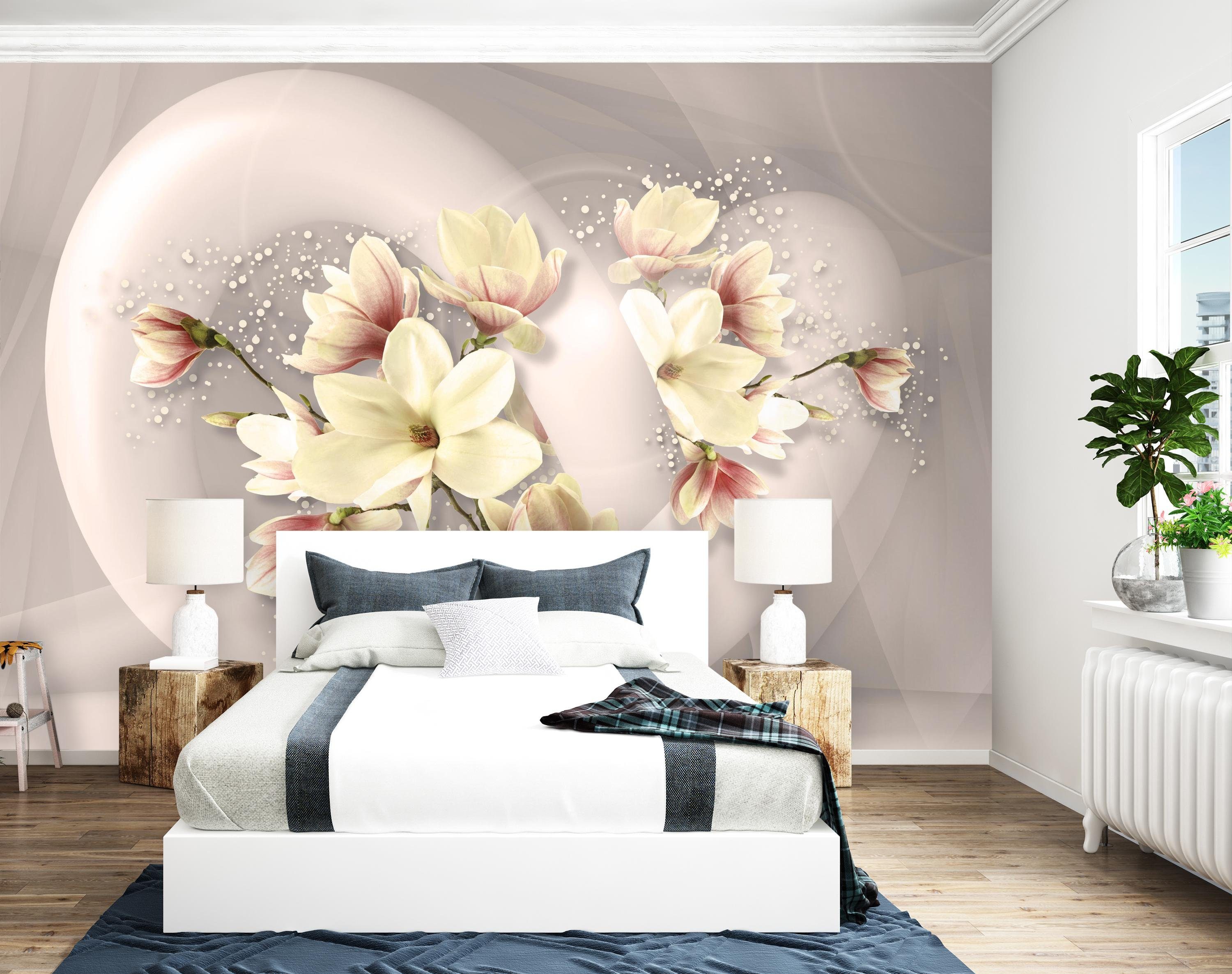 wandmotiv24 Fototapete 3D Form rot Blumen kreis Raum weiss, glatt, Wandtapete, Motivtapete, matt, Vliestapete