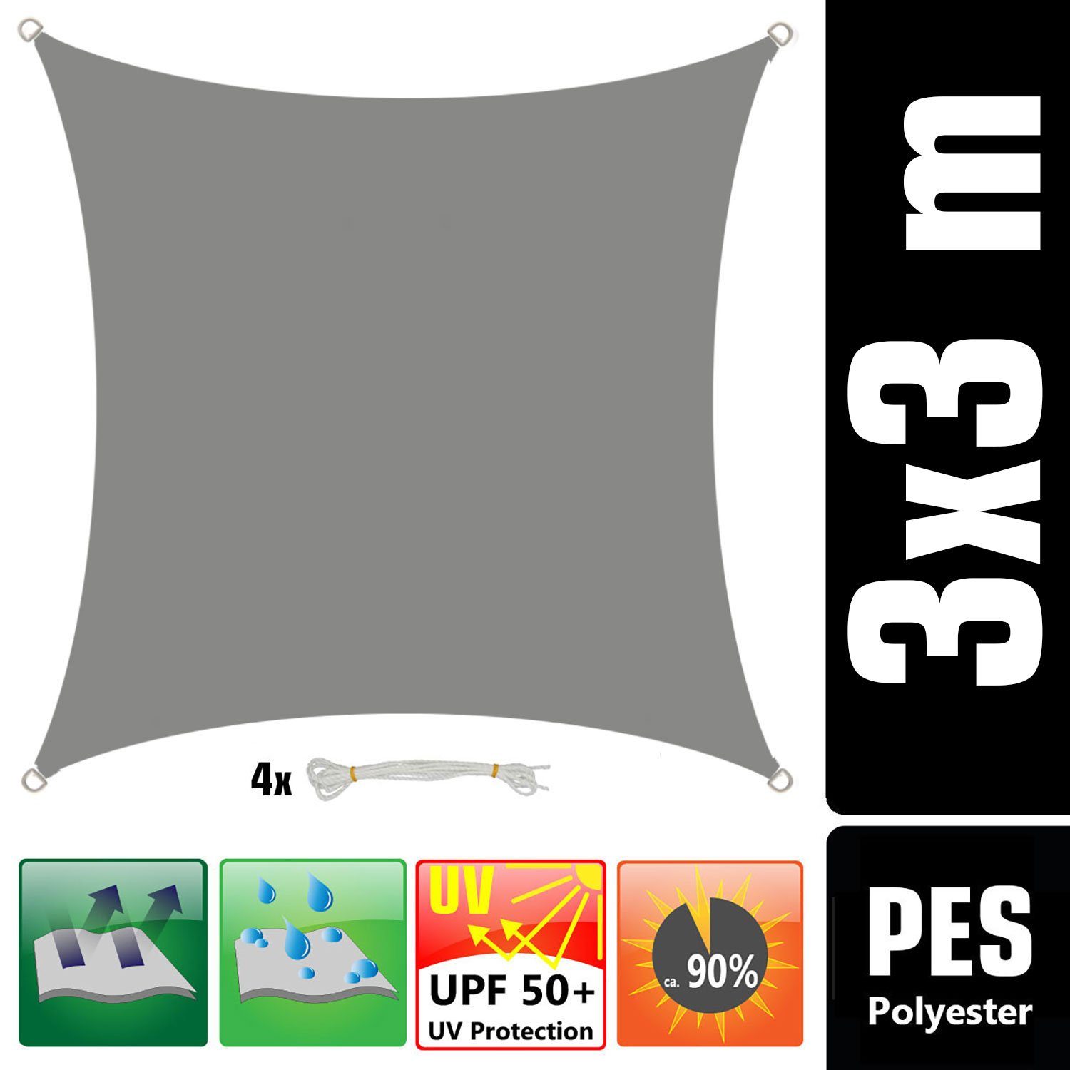 AMANKA Sonnensegel UV Sonnensegel Wasserdicht 3x3 - Viereckig - Grau, Sonnenschutz Garten Terrasse