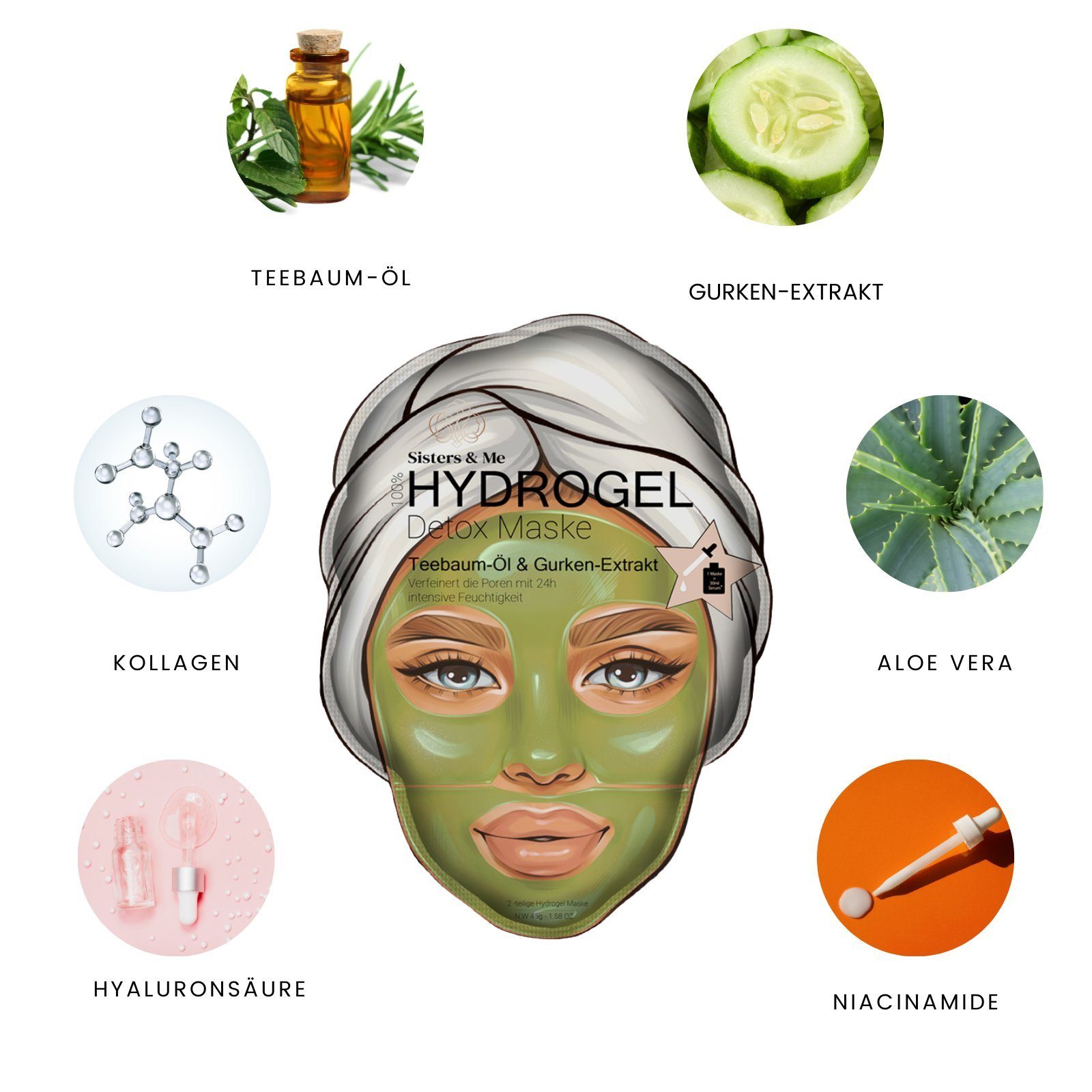 Sisters & Me Gesichtsmaske 5x Sisters & Me Hydrogel Detox Maske, Anti Pickel Masken, 5-tlg.