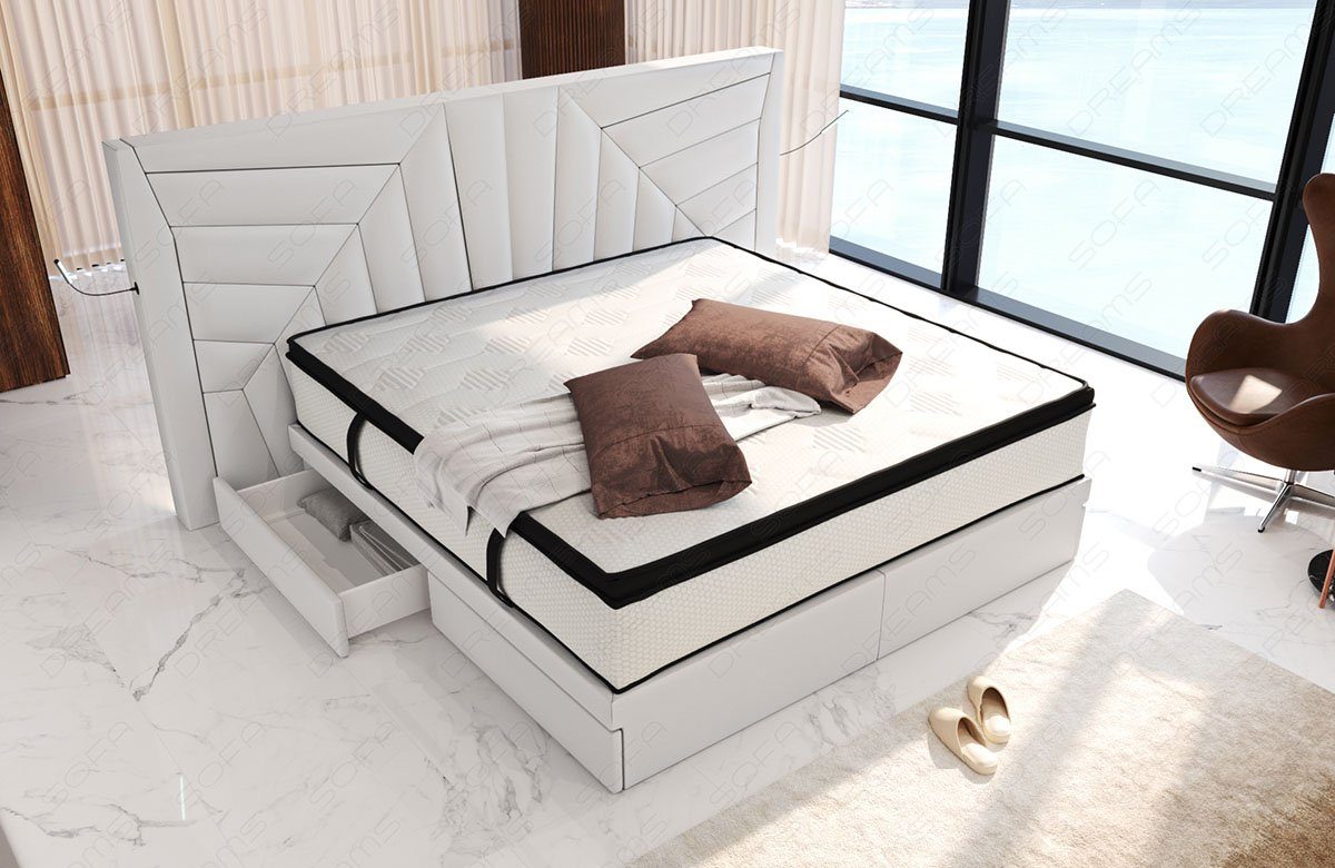 Sofa Dreams Boxspringbett Boxspringbett Monaco Leder, mit Topper, mit Schubladen, mit LED-Beleuchtung, mit USB-Anschlüssen