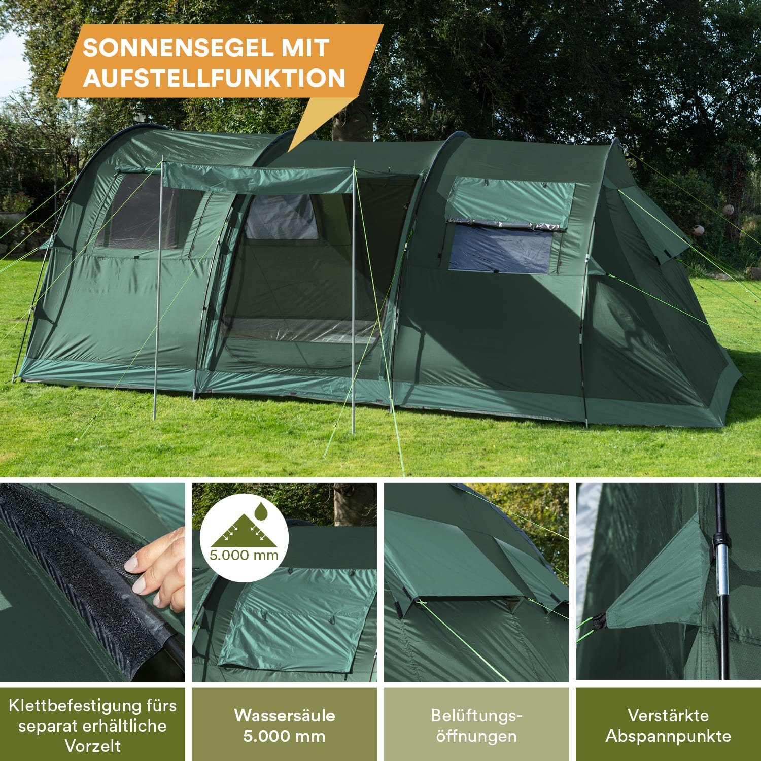 Skandika Tunnelzelt Gotland 6 Sleeper Protect (grün), Familienzelt mit eingenähtem Zeltboden, 5000 mm Wassersäule