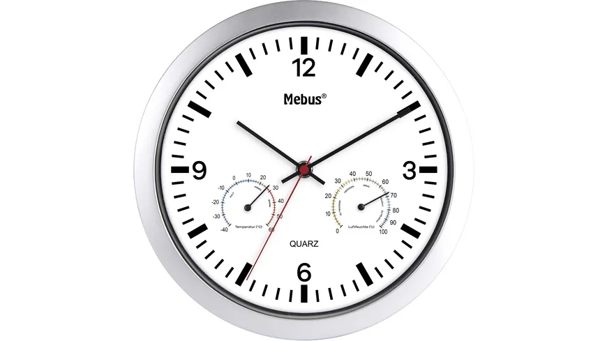 Mebus Quarz-Wanduhr mit Thermo-/Hygrometer Ø 25 cm Weiß