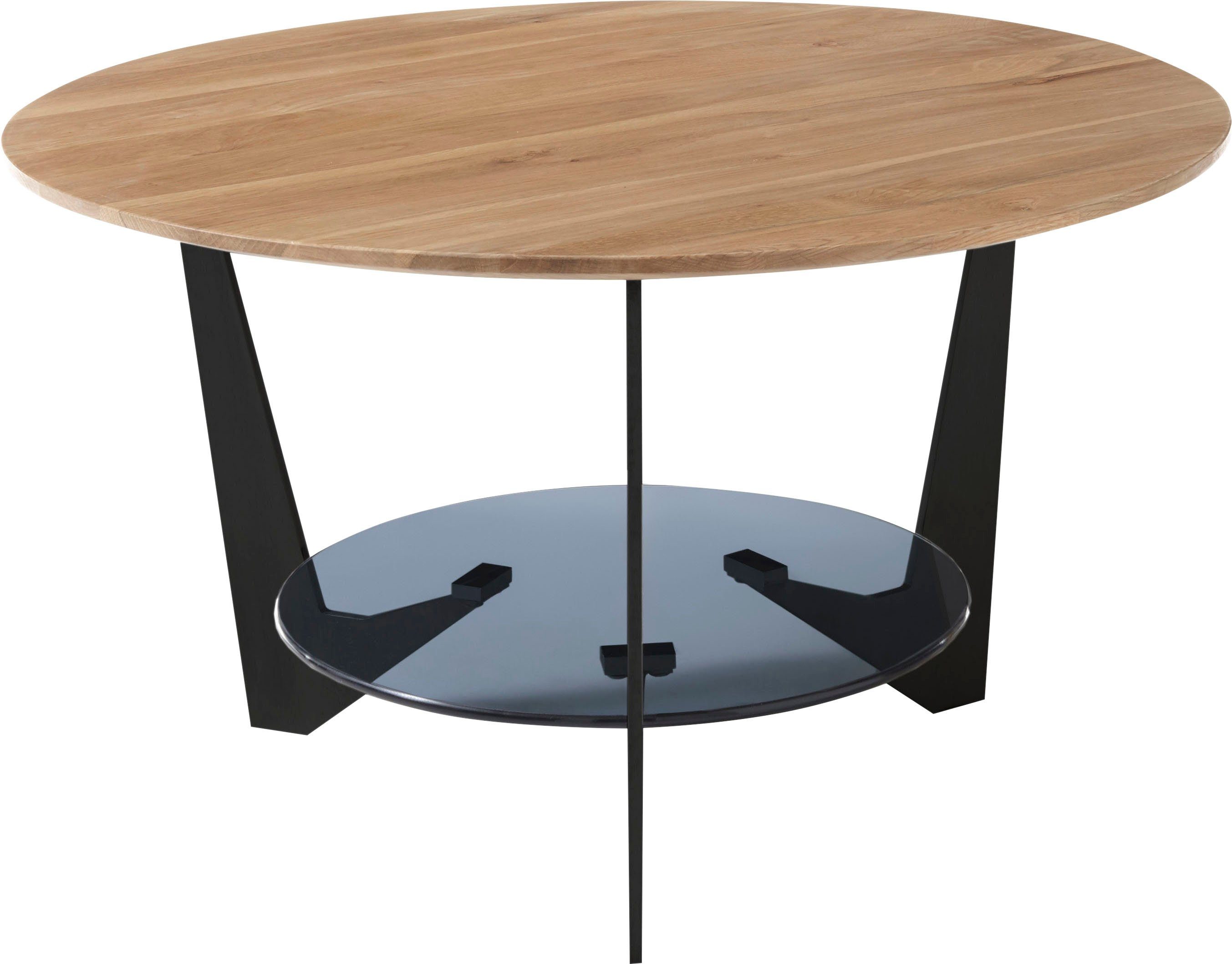 MCA furniture Couchtisch Cadiz, Rund Eiche Natur geölt, Ablageboden Glas Grau
