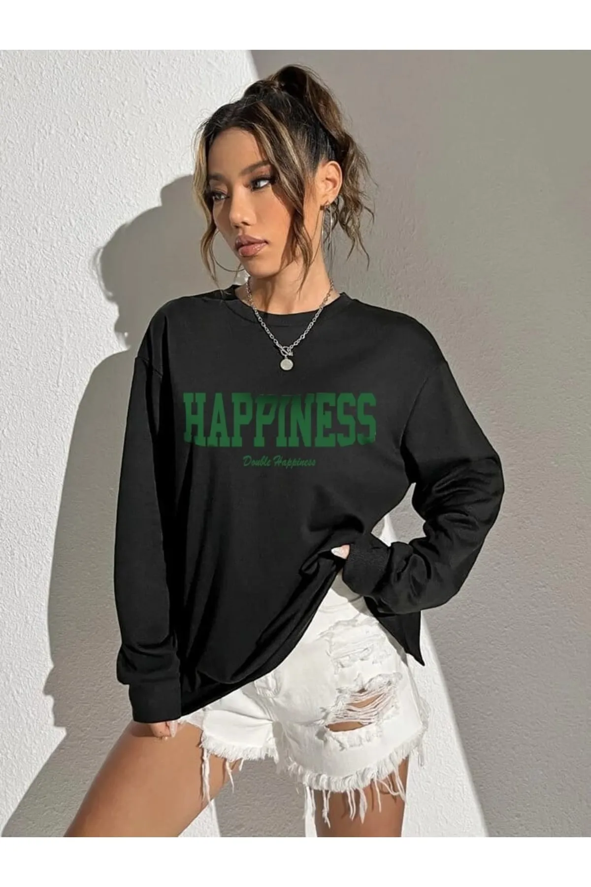 My Blog  Schwarzes Sweatshirt mit Happines-Aufdruck