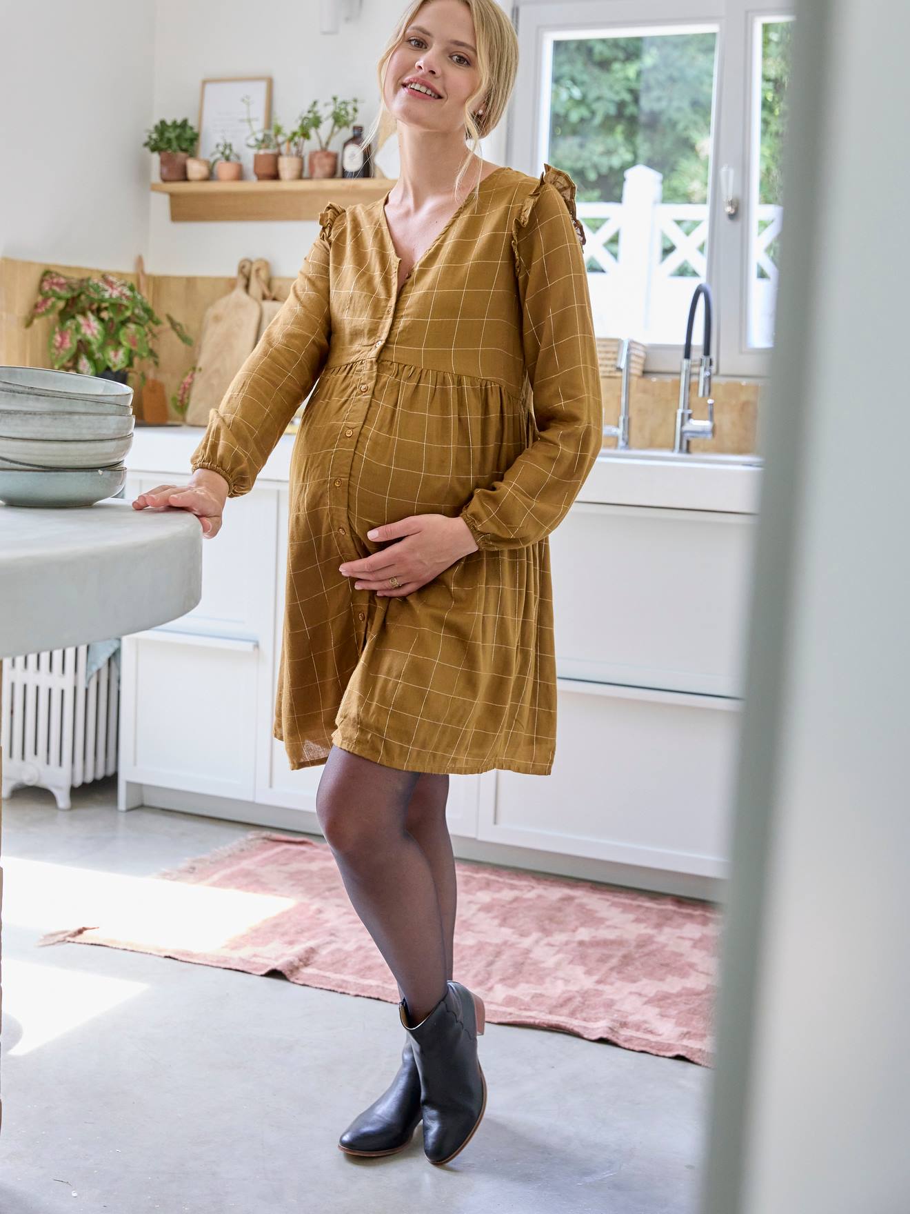Robe courte carreaux irisés grossesse et allaitement kaki