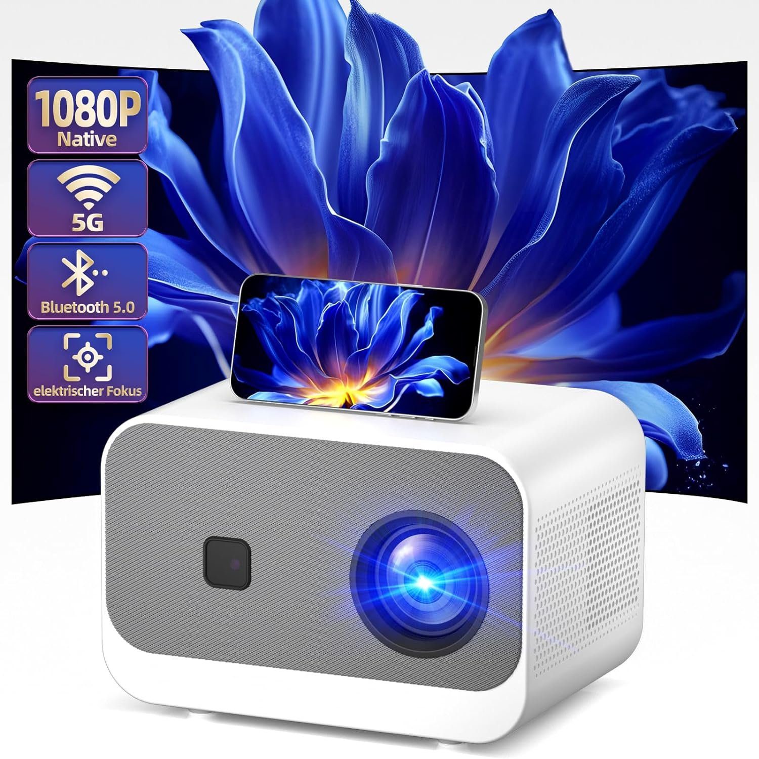sainyer [Electric Fokus] 5G WiFi Mini Bluetooth 4K-Unterstützung Portabler Projektor (300 lm, ‎1920 x 1080 px, Video Projektor,300” Display, Outdoor Beamer für TV Stick/HDMI/USB)