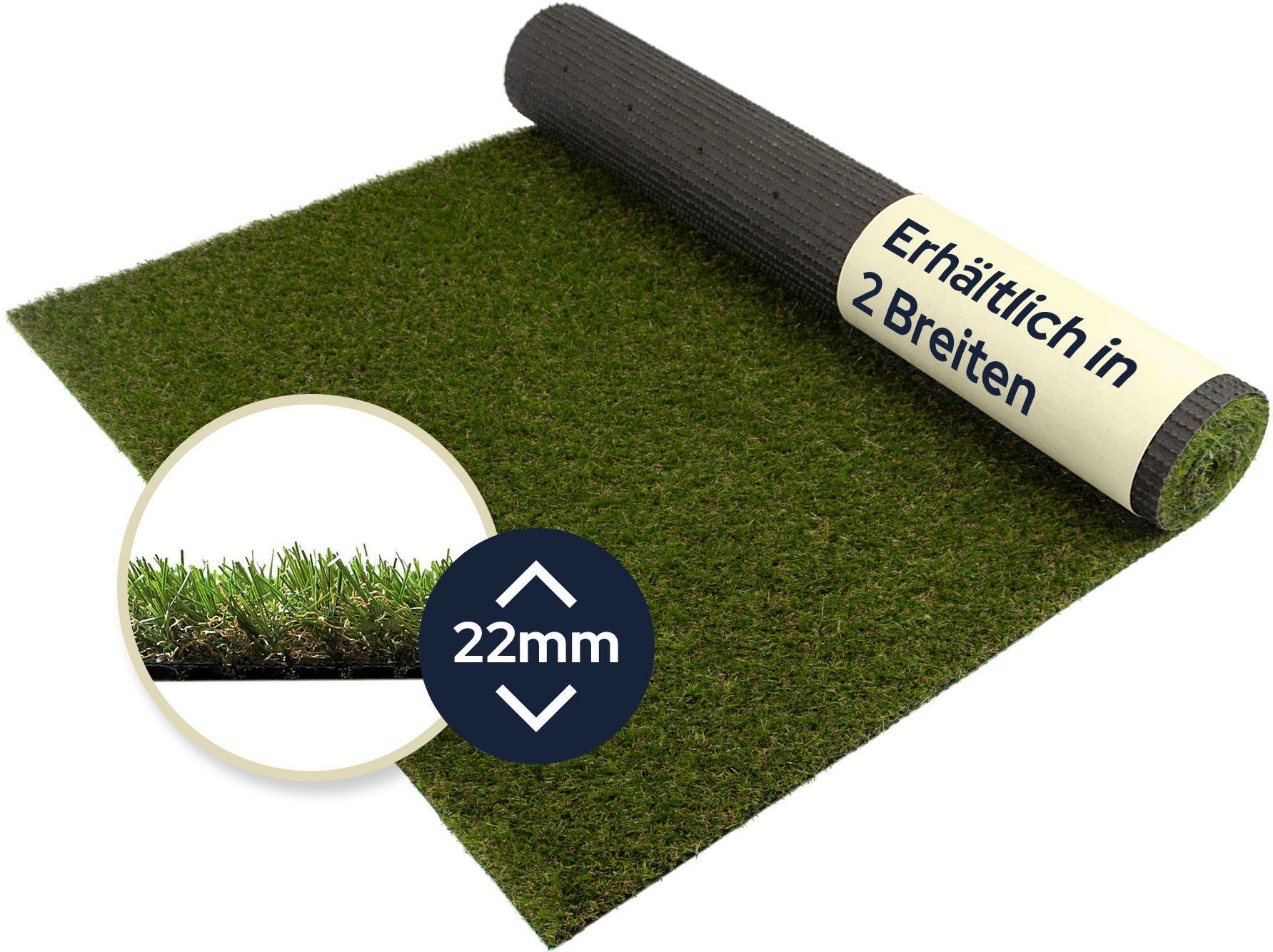 Kunstrasen FRANCIS, Primaflor-Ideen in Textil, rechteckig, Höhe: 22 mm, realistische Optik, mit Drainagefunktion, ideal für Balkon & Terrasse