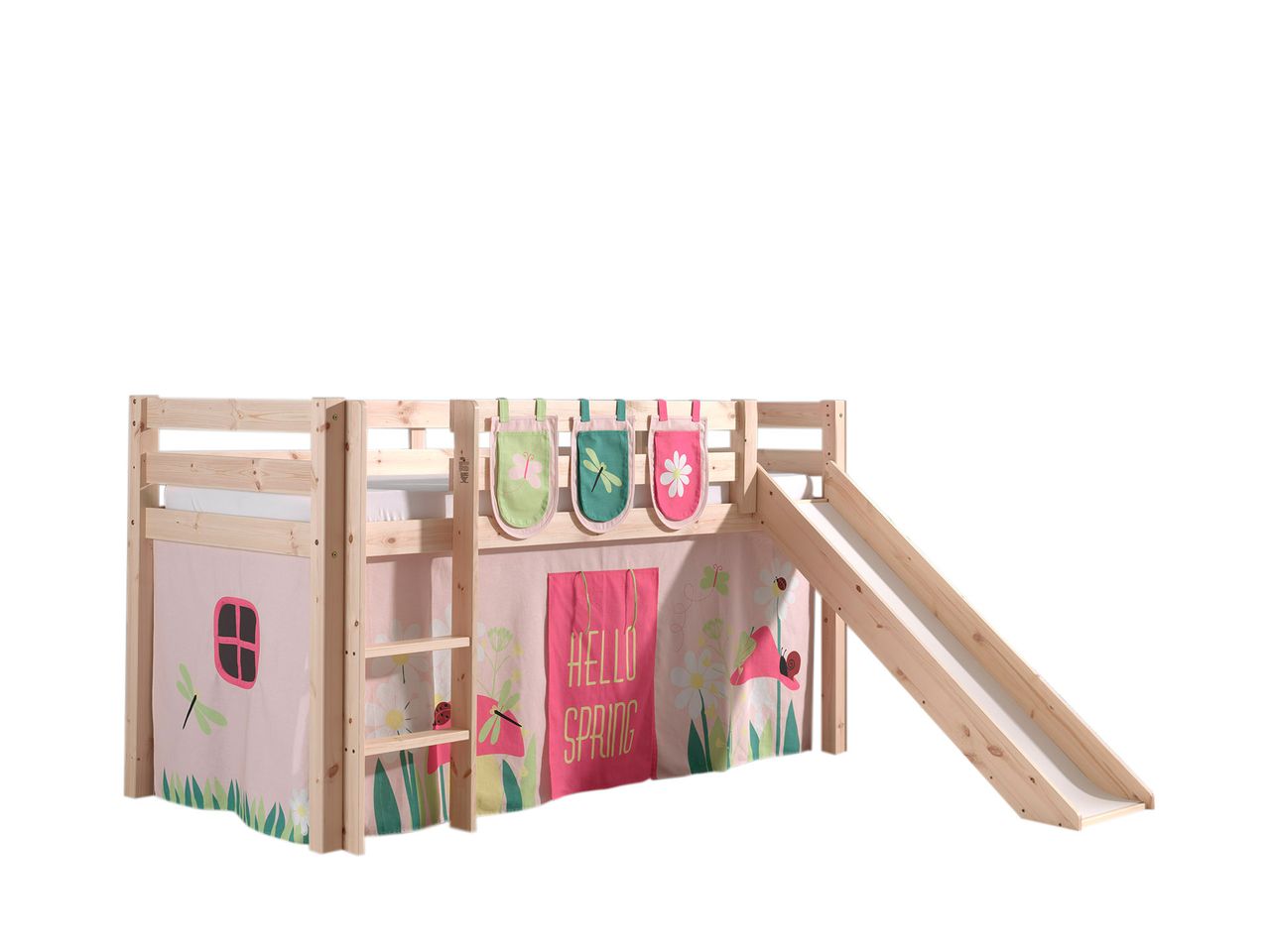 VIPACK Spielbett Pino inkl. Rutsche mit Textilset Vorhang und 3 Taschen 