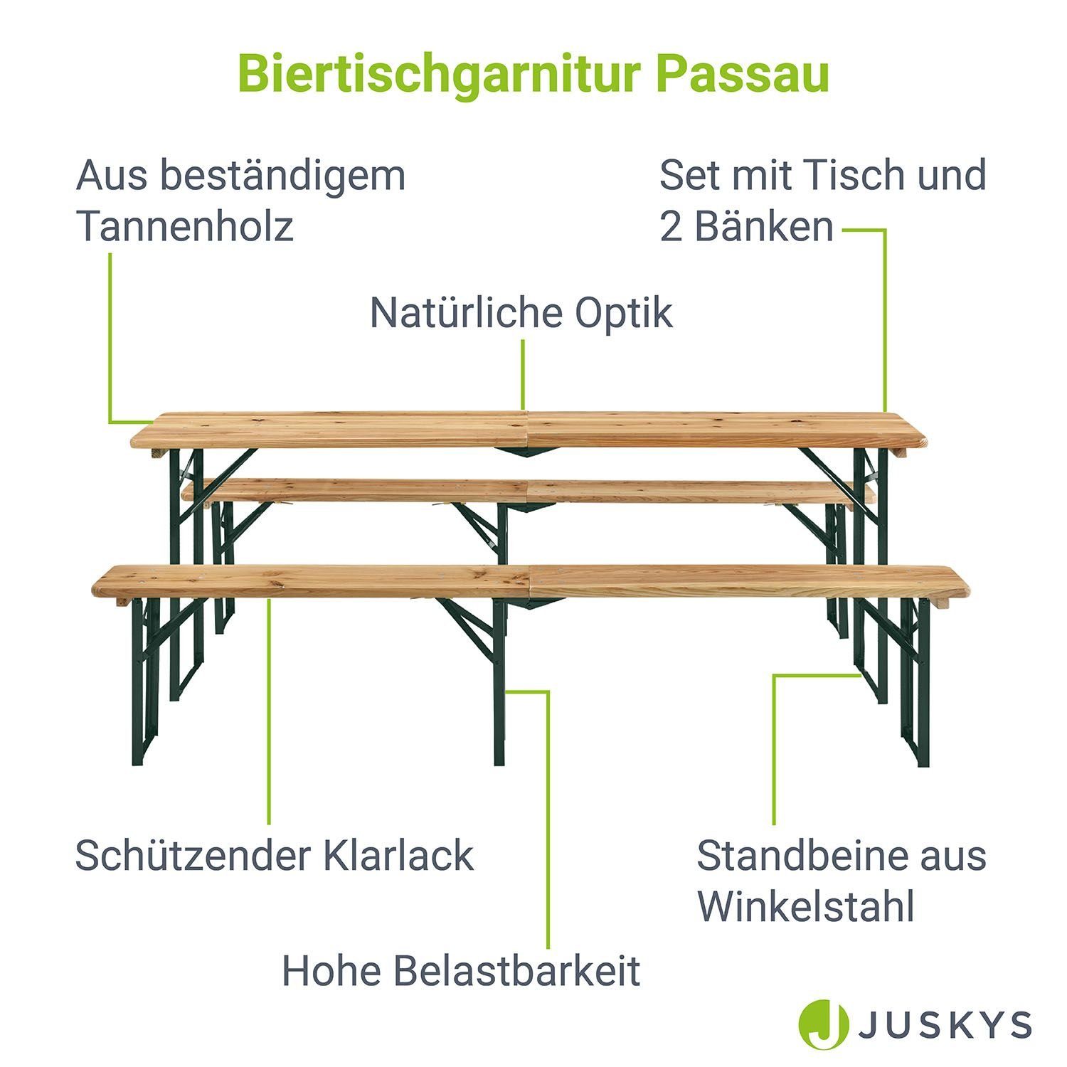 Juskys Bierzeltgarnitur Passau, (3-tlg), klappbar, lackierte Oberfläche, natürliche Optik