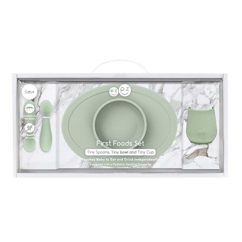 Coffret repas antidérapant first food vert pâle ezpz