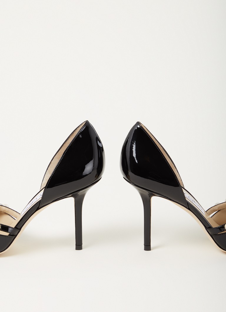 Sandale Jimmy Choo Aurelie din piele lăcuită, împodobite cu cristale.