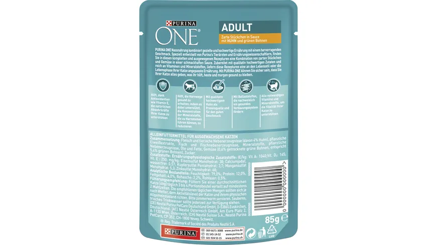 PURINA ONE Adult mit Huhn und grünen Bohnen Katzennassfutter 24x85g Portionsbeutel 85 g