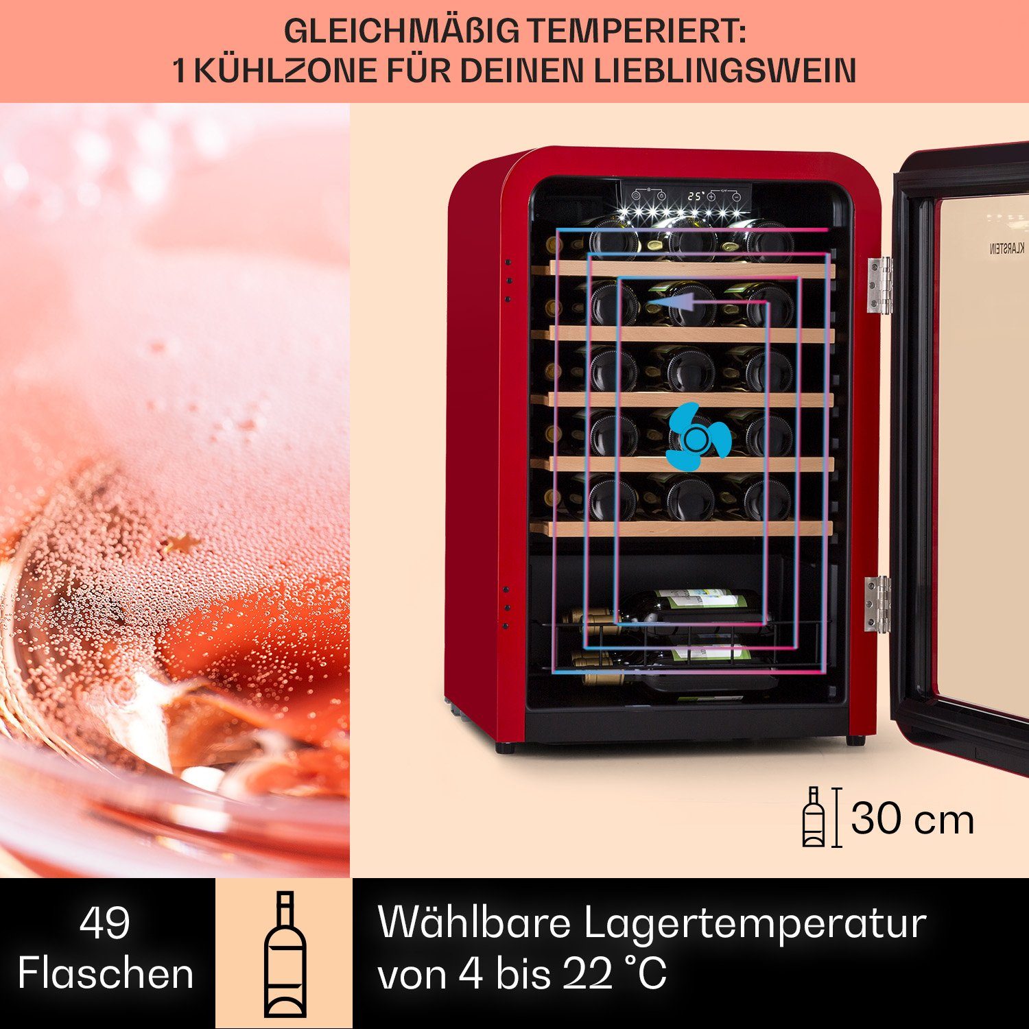 Klarstein Weinkühlschrank Vinetage 49 Uno, für 49 Standardflaschen á 0,75l,Flaschenkühlschrank Weintemperierschrank Weinschrank Kühlschrank Retro