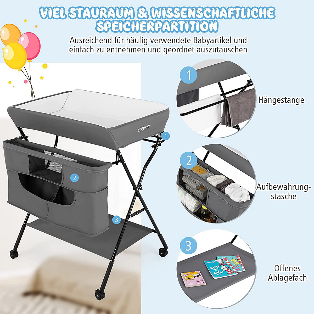 Wickeltisch 4-in-1 Höhenverstellar Klappbar mit Rädern