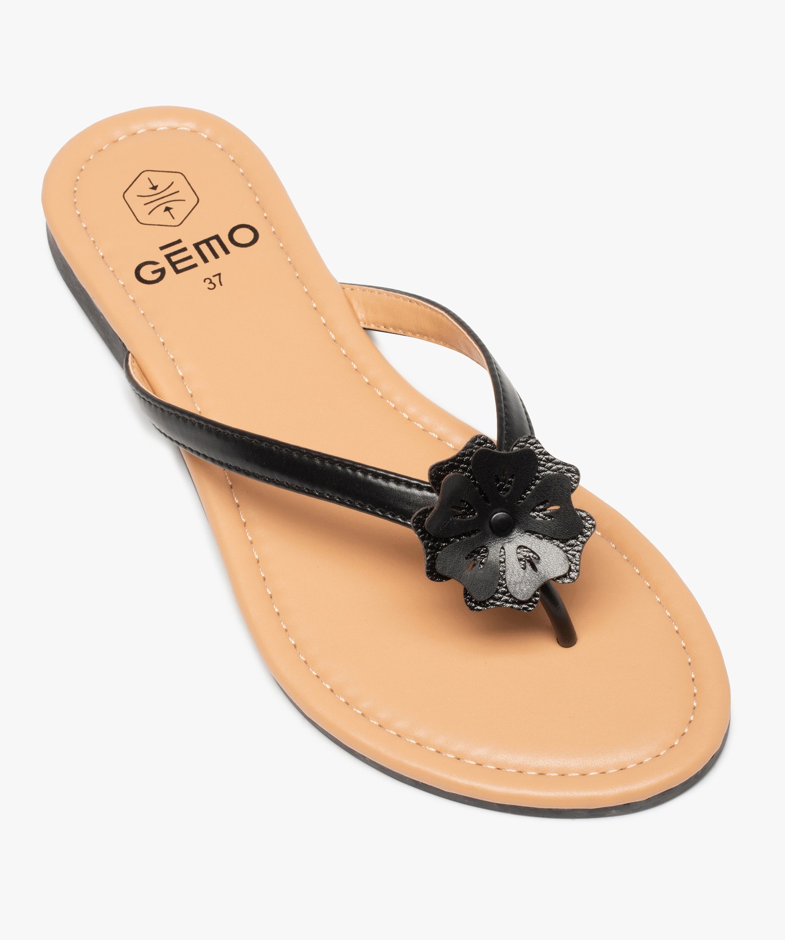 Tongs femme à petit talon plat et fleur sur l’entre-doigts noir | GEMO