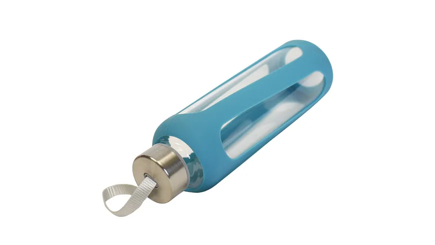 TRENDSHOP Trinkflasche aus Glas mit Silikonmantel 0,6l blue