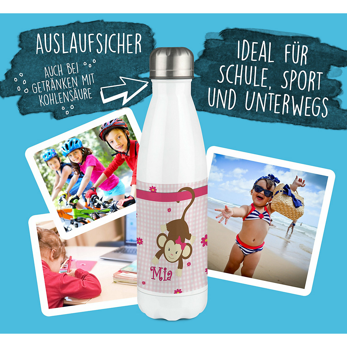 Edelstahl Kinder Thermoflasche / Trinkflasche bunt Affe hängend Farbe rosa Spülmaschinenfest, Auslaufsicher, Bruchfest, Doppelwandig, Für Heißgetränke geeignet, Mit Deckel, Isoliert