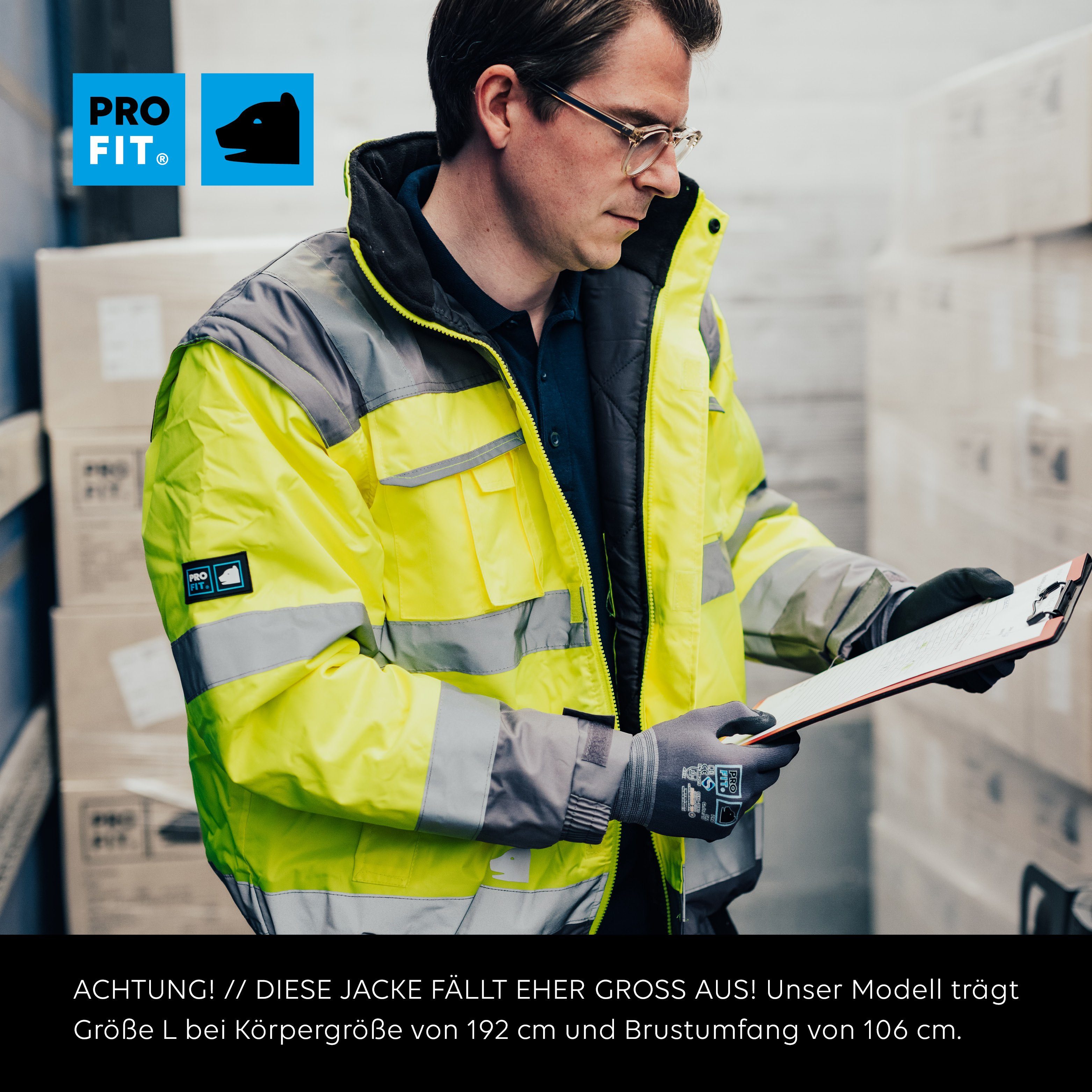 PRO FIT by Fitzner Arbeitsjacke Warnschutz Pilotenjacke Neongelb/Grau (1-St) Winddicht, Wasserdicht, Reflektionsstreifen, Kapuze im Kragen