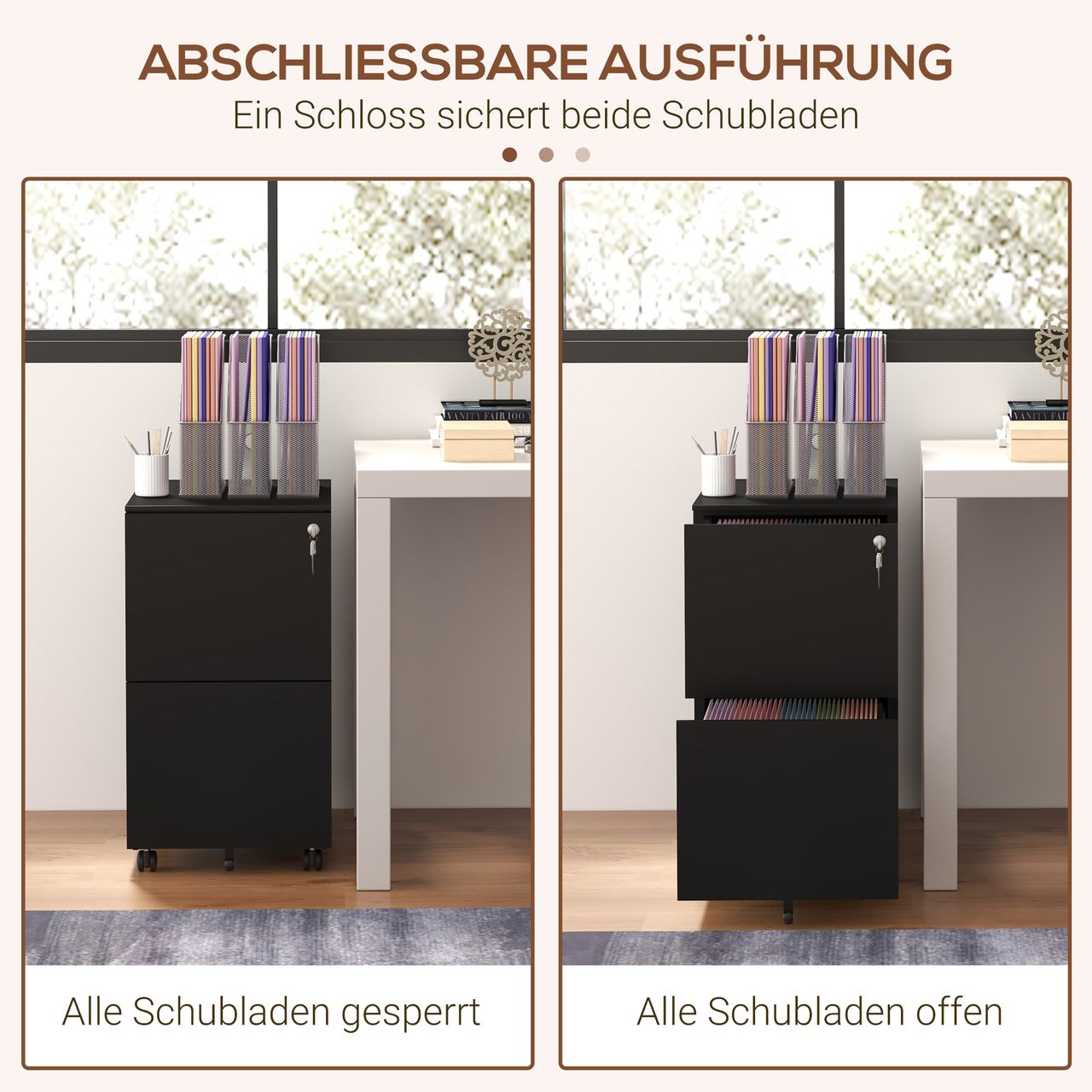 Vinsetto Rollcontainer Aktenschrank mit 2 Schubladen, Abschließbarer Büroschrank