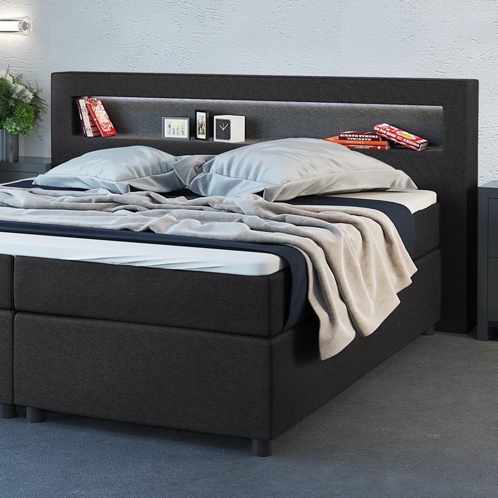 VitaliSpa® Boxspringbett Doppelbett Ehebett 180x200 cm H2 LED-Beleuchtung Anthrazit