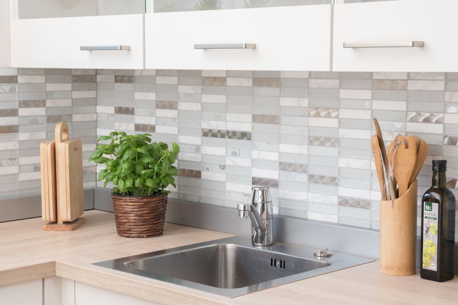 Mosani Mosaikfliesen Glasmosaik Naturstein Edelstahl Mosaik weiß glänzend / 10 Matten