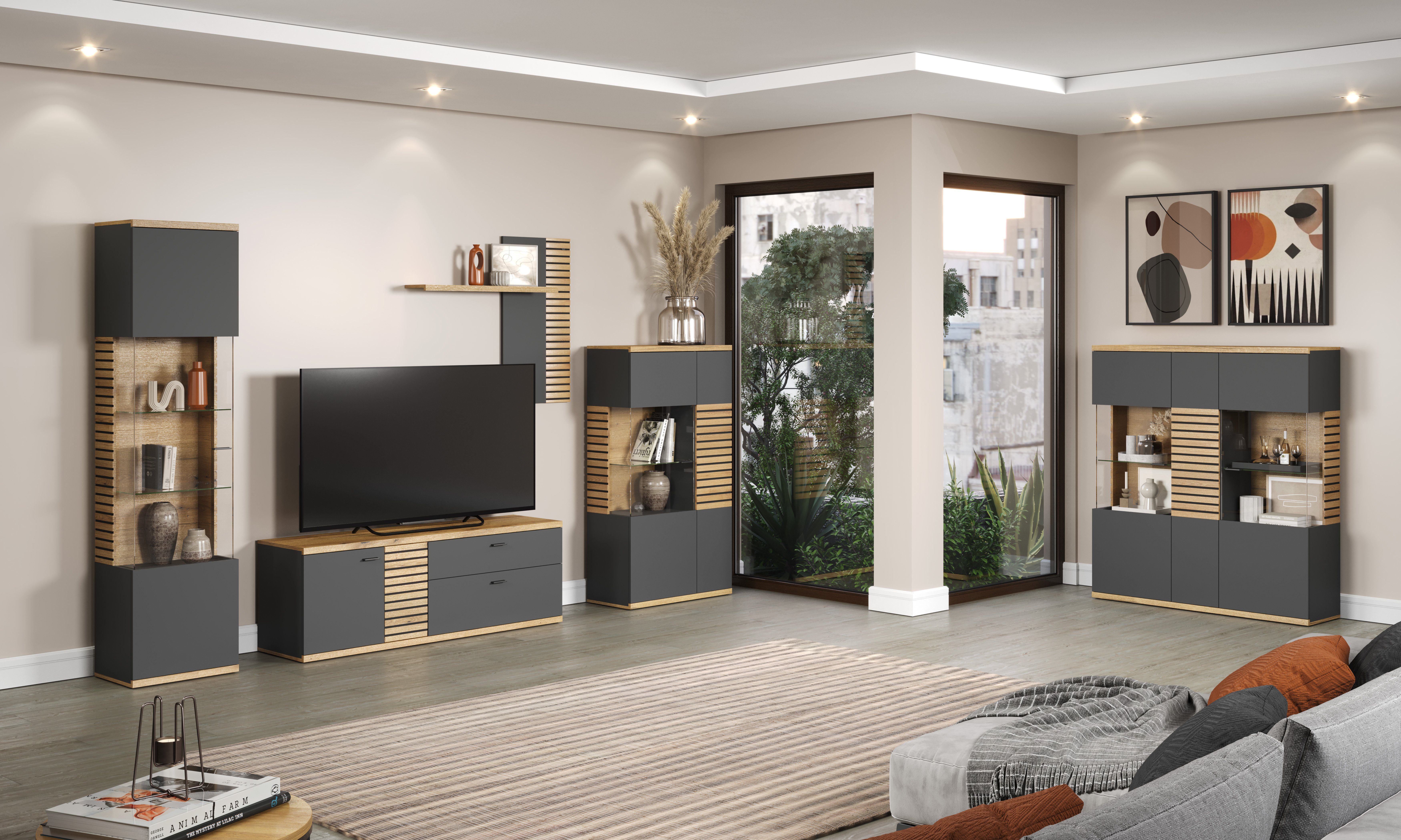 INOSIGN Wohnwand NORRISWW, (Set, 3-St), Wohnwand-Set in Anthrazit mit Coast Evoke Eiche, Türen mit Soft-Close