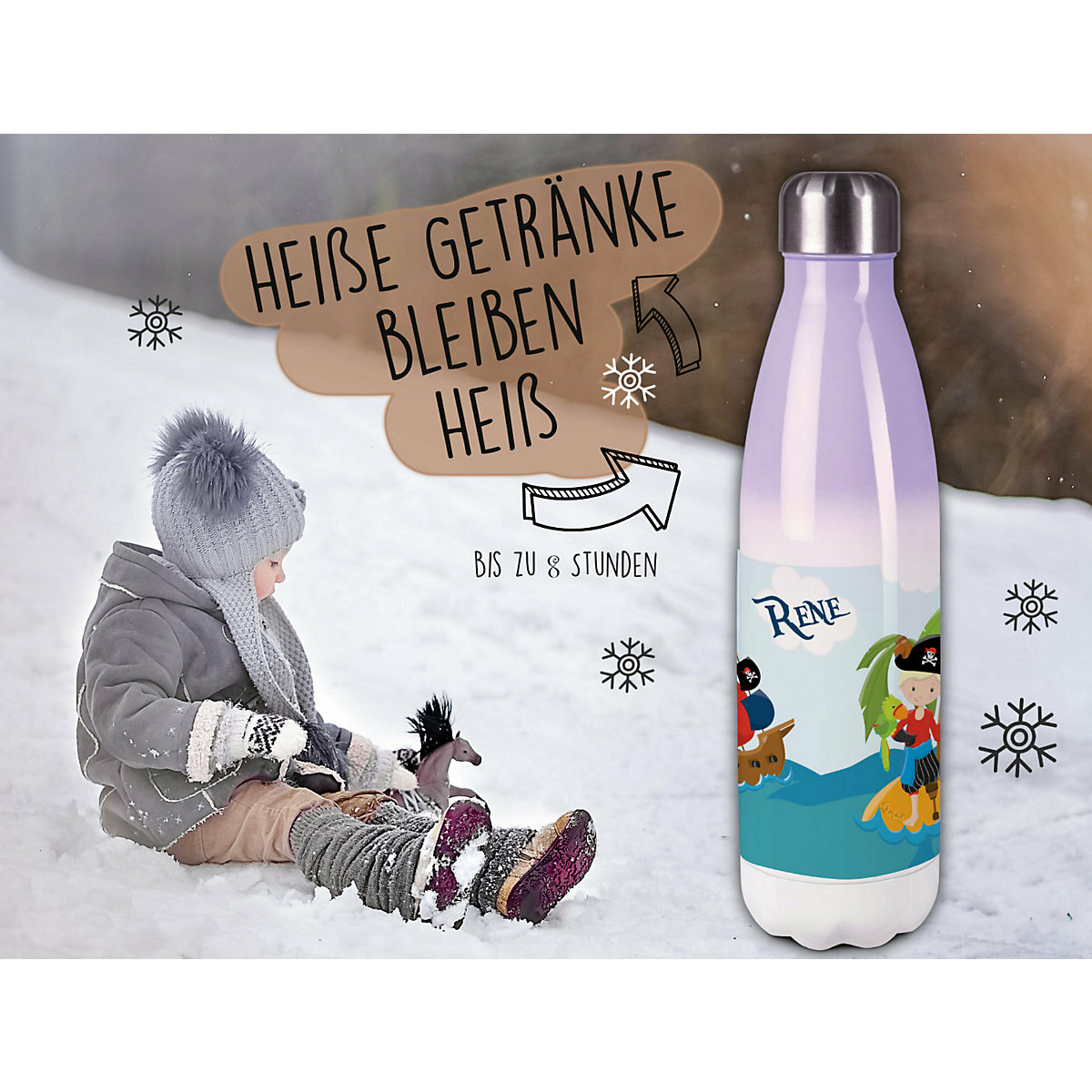 Edelstahl Kinder Thermoflasche / Trinkflasche bunt Pirat nah Spülmaschinenfest, Auslaufsicher, Bruchfest, Doppelwandig, Für Heißgetränke geeignet, Mit Deckel, Isoliert