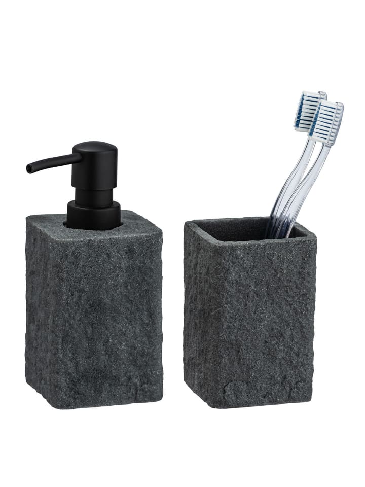 Wenko Seifenspender und Zahnputzbecher Villata, Grau, Seifenspender und Zahnputzbecher Mod. Villata, Grau in Grau - Anthrazit günstig kaufen onesize