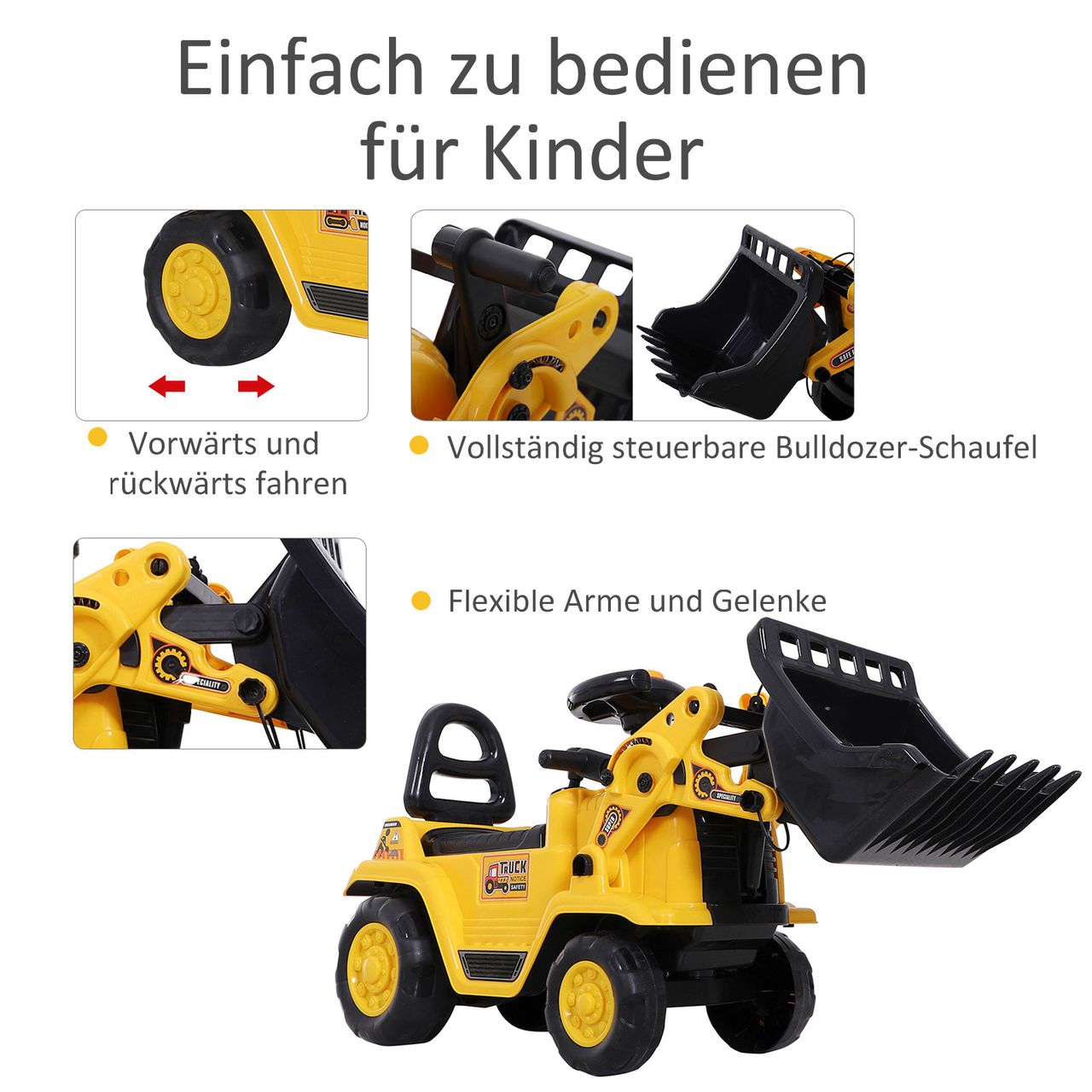 HOMCOM Sitzbagger mit eingebautem Ablagefach Kinder Rutscher Bagger mit Hupe