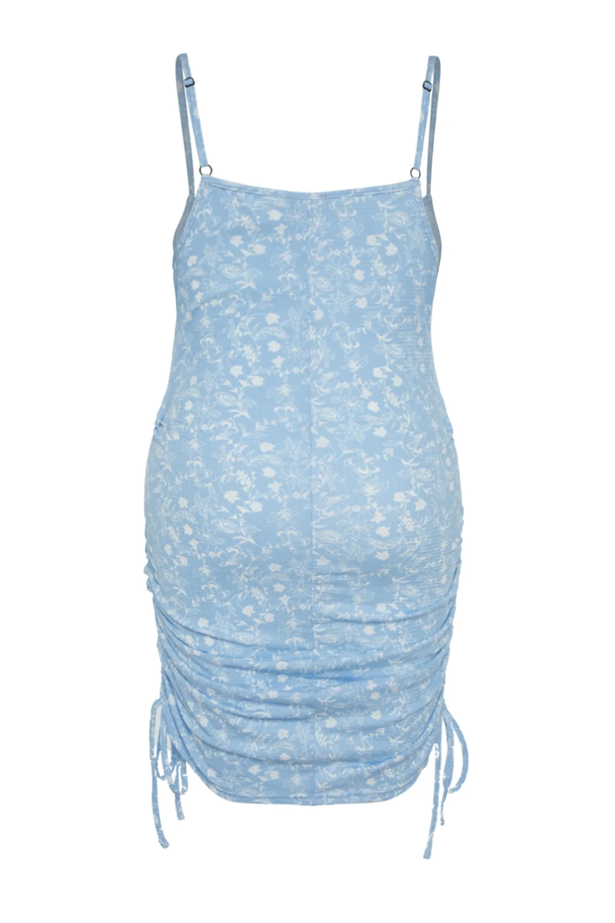 Trendyol Curve  Blaues, figurbetontes, gerafftes, detailliertes Strickkleid mit Blumenmuster TBBSS22AH0142