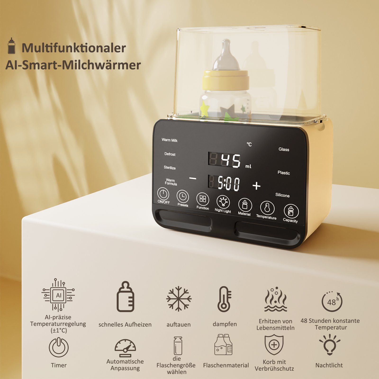 CkeyiN Babyflaschenwärmer 10 IN 1 Baby Flaschenwärmer, Konstante Temperatur in 24h, Timer-Funktion, Hohe Kapazität, Temperatureinstellung