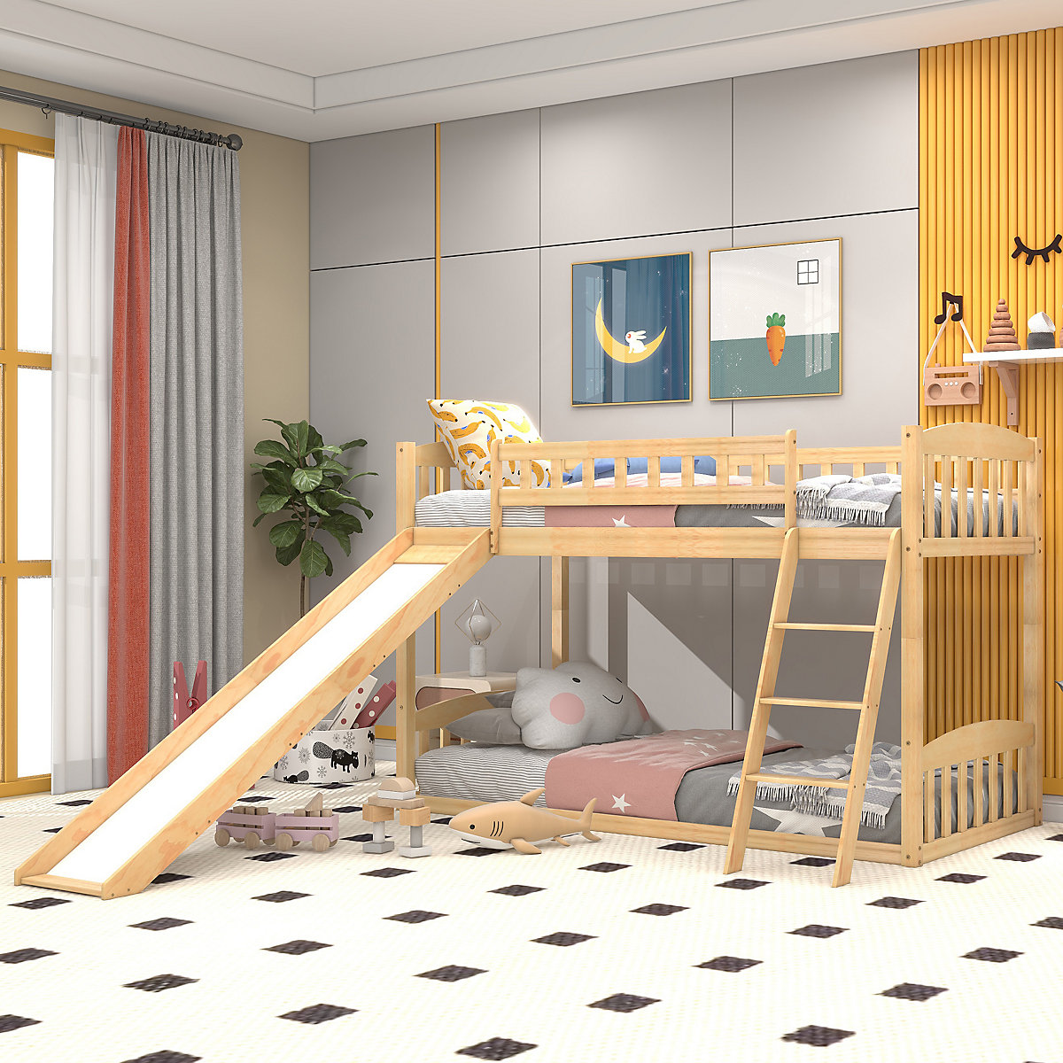 Etagenbett mit Rutsche, Niedriger Kinderbett Etagenbettrahmen Massives Kiefernbett 90 x 200 cm